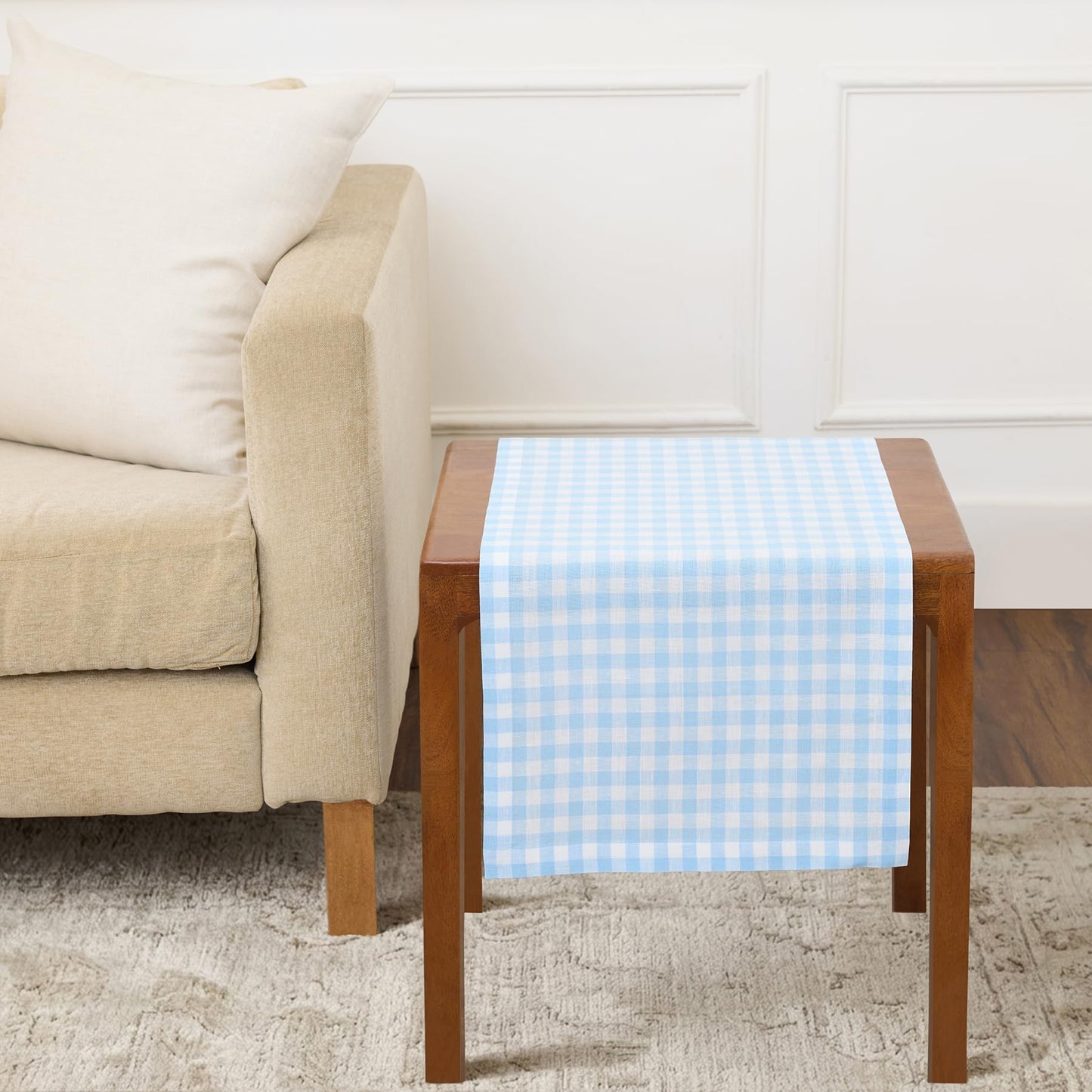 Solino Home 100% Pure Linen Table Runner Apricot, Gingham Check 14 x 36 in | Table Runners for nightstands, end tables, coffee tables and dressers | checkered weave, mitered corners | OEKO-TEX Certified BST326SOLH