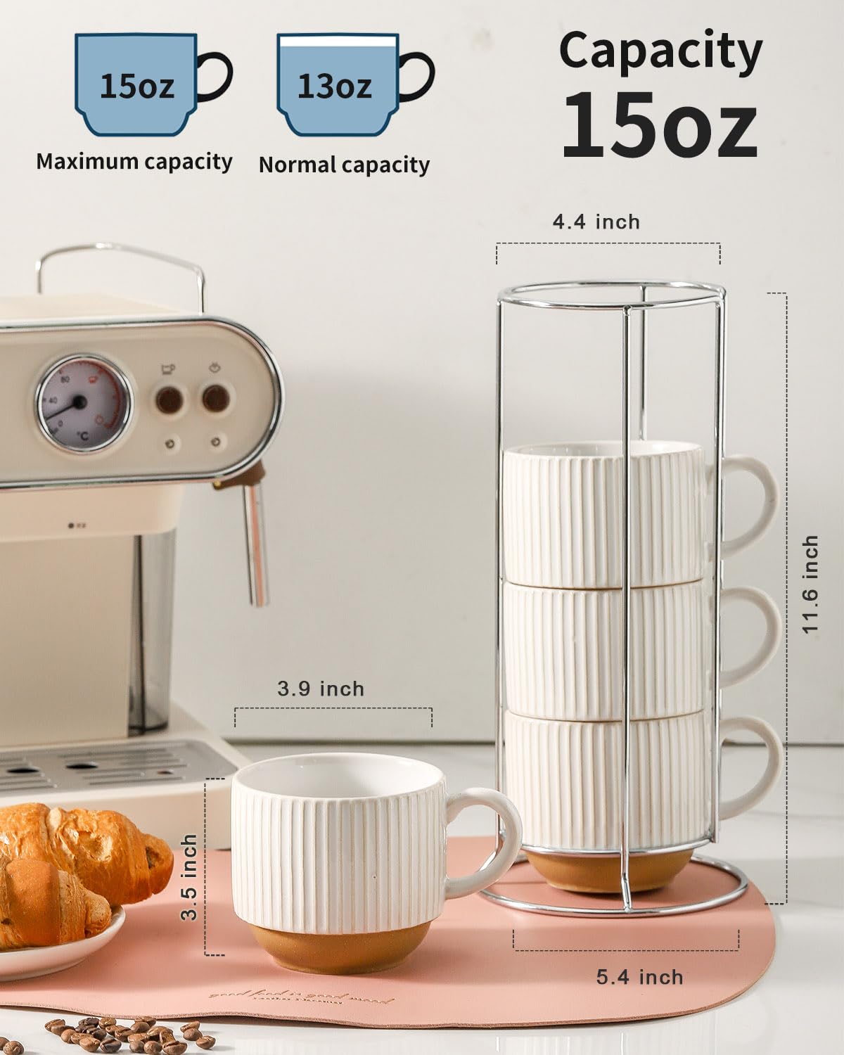 HASENSE 15 oz Ribbed Stackable Coffee Mug Set of 4, Porcelain Latte Cups with Metal Rack, Dishwasher & Microwave Safe, Cappuccino Tea Hot Cocoa, White BST220