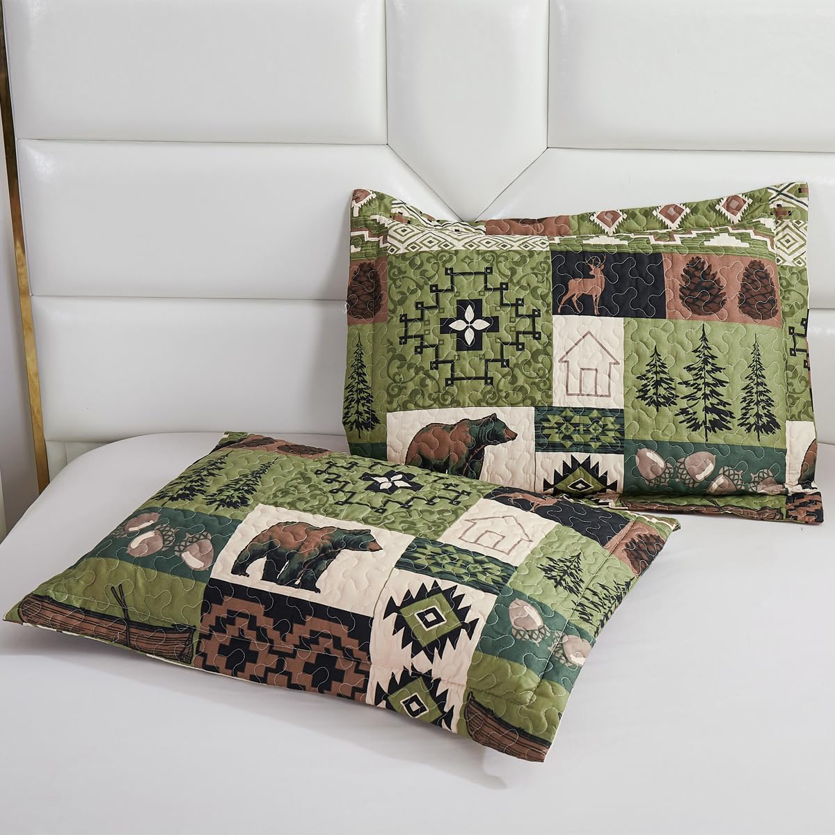 Rustic Moose Quilt Set King Size Lodge Quilt Lightweight Summer Cabin Bedspread Country Bedding Forest Bear Fish Pine Coverlet Daybed Cover Blanket Woodland Home Decor-Brown White BST220