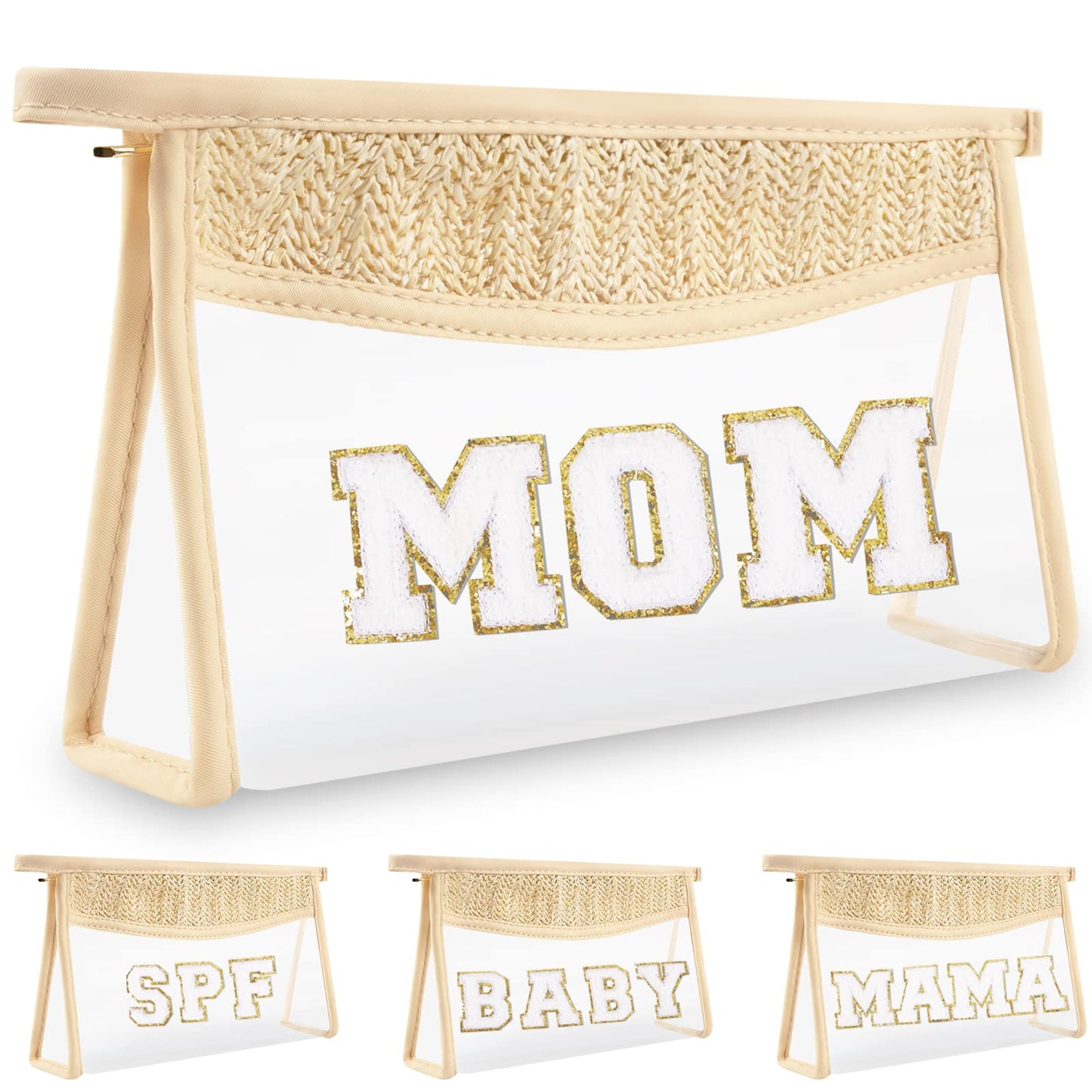 Boho Clear Makeup Bag Cosmetic Zipper Pouch Purse, Clear Toiletry Bags Travel Small Preppy Cute DIY Chenille Letter Bag, Transparent PVC Waterproof Clutch Make Up Organizer Storage Bag for Women Girls BST220
