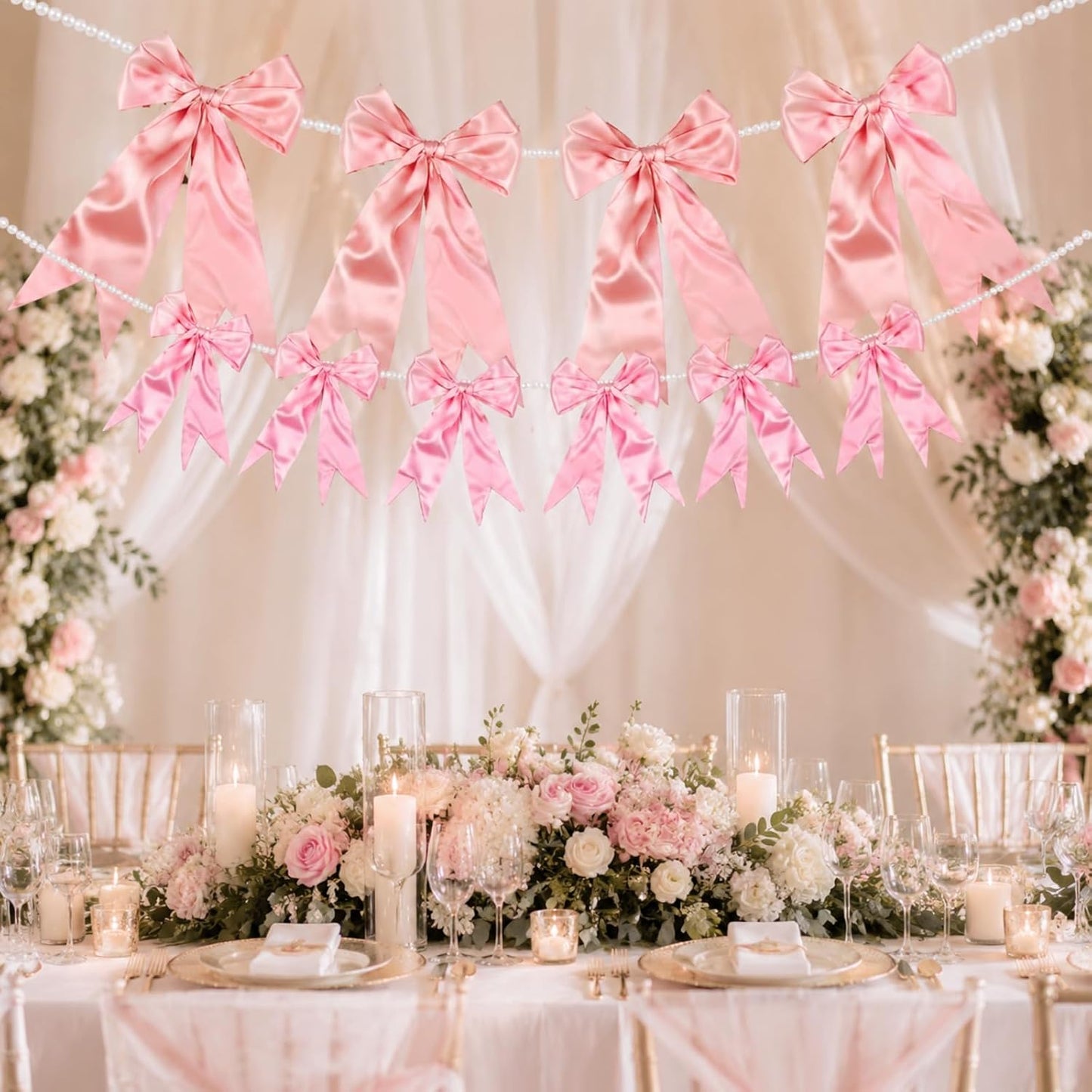 2 Pcs 8.5 ft Large Pink Bow Garland Banner with Pearl Chain Satin Ribbon Pink Bow Hanging Wall Decor for Wedding Birthday Bachelorette Coquette Bridal Baby Shower Engagement Decoration BST202