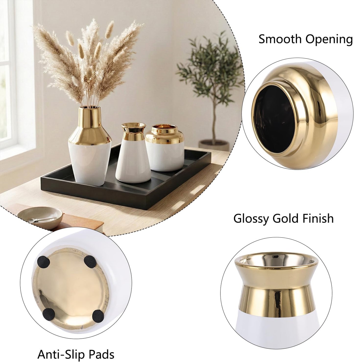 3 Piece Wide Mouth Vase Set for Table Centerpiece, Ceramic White Gold Flower Vase for Pampas Grass Decor, Glossy Gold Unique Vases for Bathroom Fireplace Top Shelf Entryway Decorative BST220
