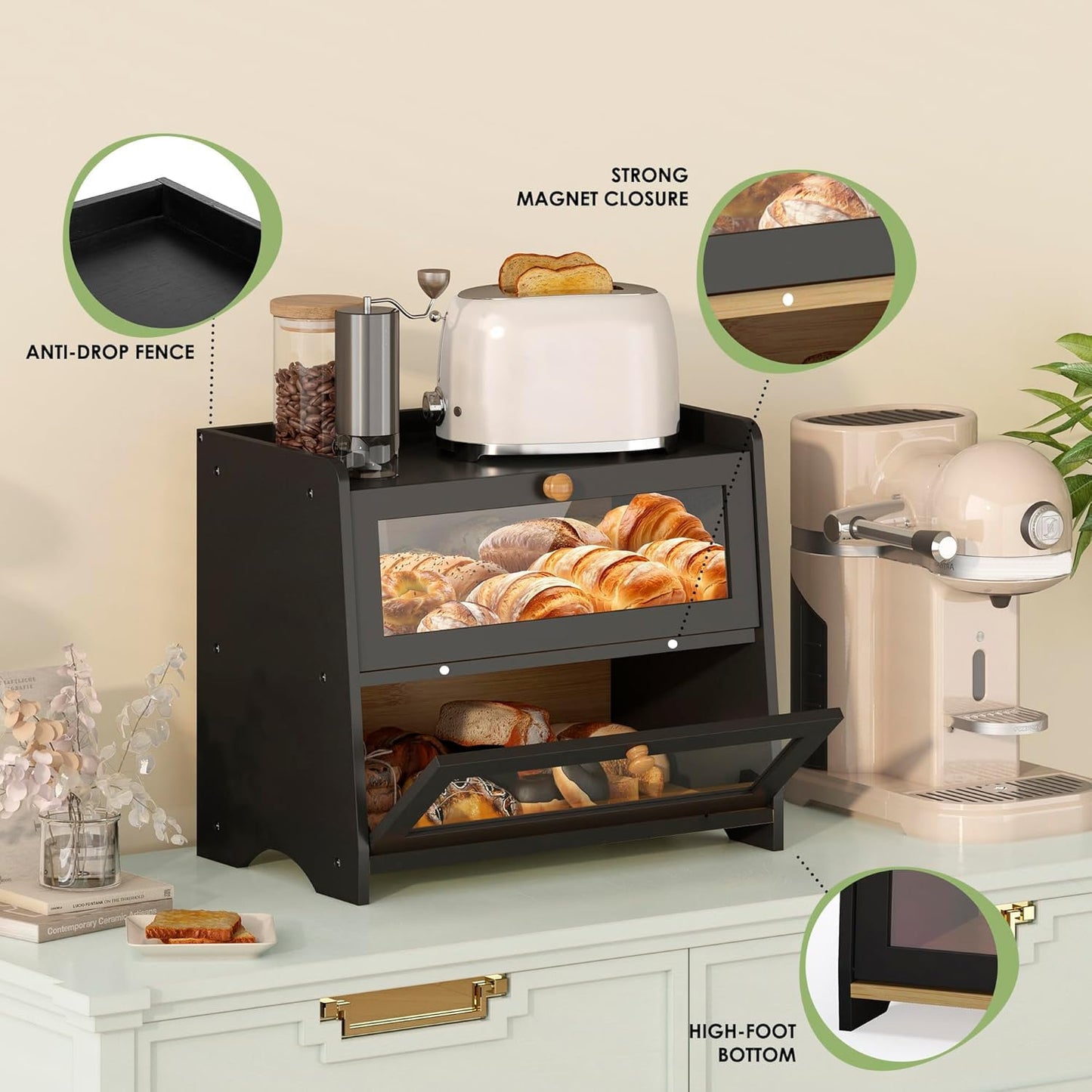 JANSNIMEN Double Layer Bread Box for Kitchen Countertop, Large Breadbox Bread N25