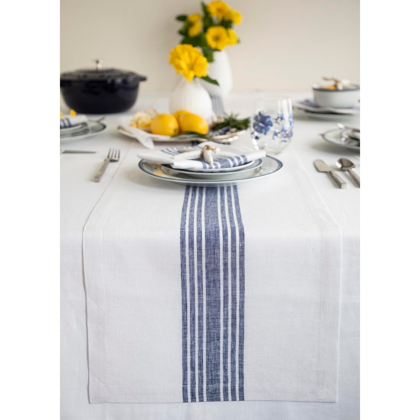Solino Home 100% Linen Table Runner, 14 x 60 in, Black and White Striped | Farmhouse Table Runners for dining, console and side tables; vintage grain sack centre stripe; Pure Linen; OEKO-TEX Certified BST326SOLH