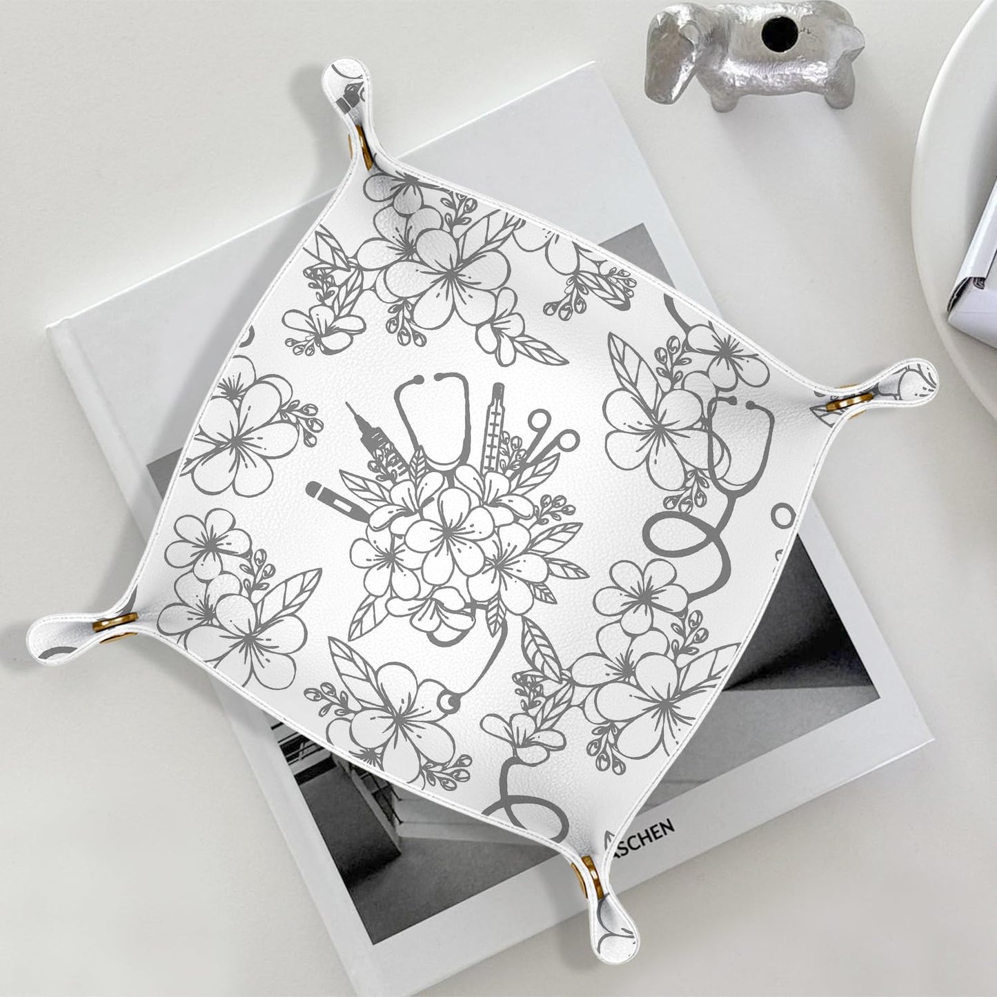 Marble Jewelry Valet Tray for Women Men, Black and Gold Marble PU Leather Catchall Beside Caddy Nightstand Organizer Tray for Jewelry Rings Watches Keys and Accessories, 7.87x7.87in BST220