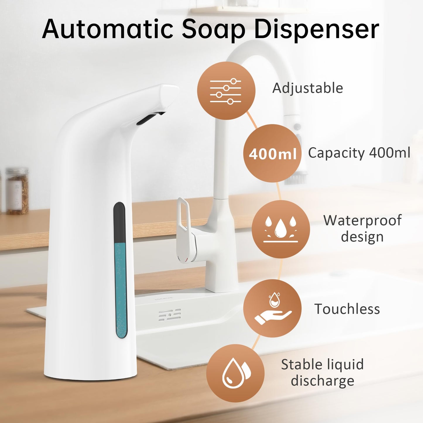 Automatic Soap Dispenser Touchless,400ML Hand & Dish Countertop Electric Liquid Dispenser with Sensor,Modern 4 Gear Adjustable Black Waterproof Battery Operated Kitchen Auto Soap Pump WN420