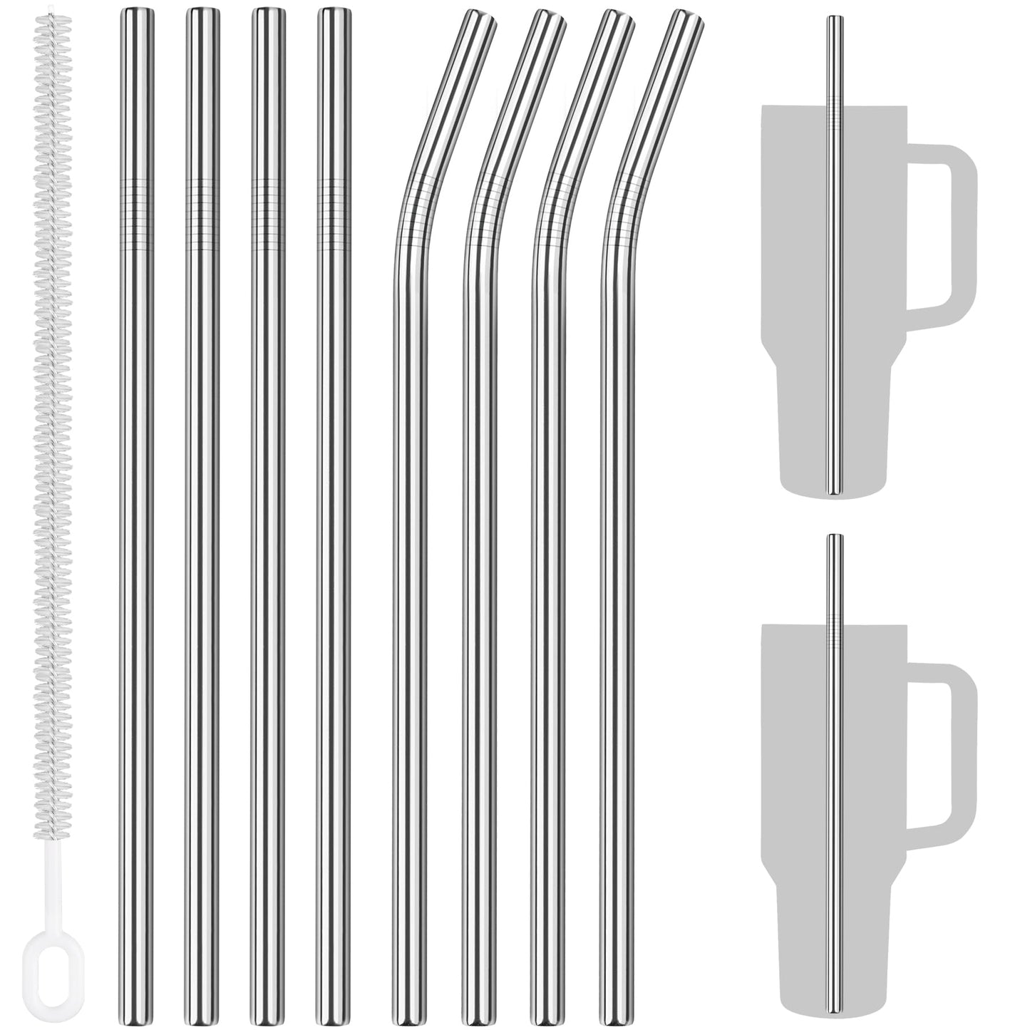 Tomorotec 14PCS Stainless Steel Straws Fit for 30oz Stanley Tumblers | 11" Reusable Drinking Straws with Brush, 7 Bent & 7 Straight for Smoothies, Milkshakes, Coffee, Dishwasher Safe (Metallic) BST326L