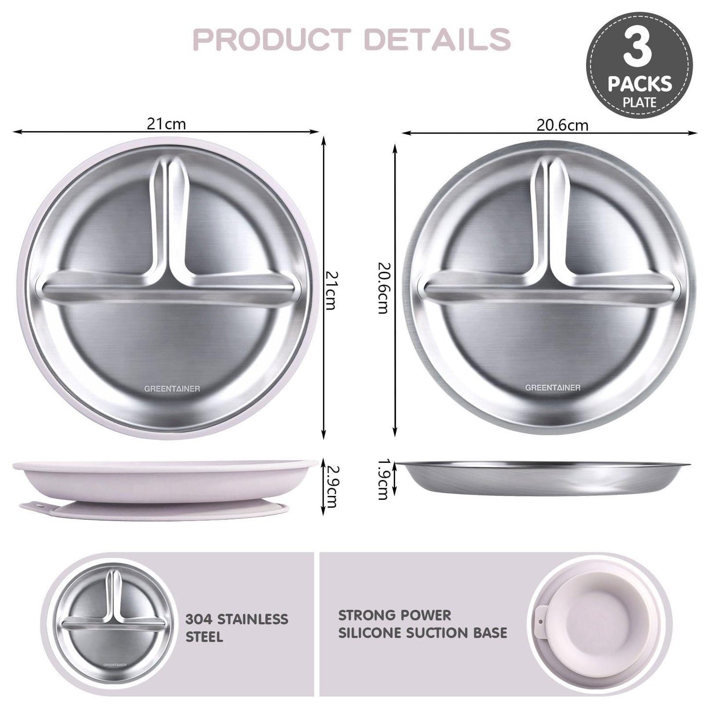Greentainer 3 Pack Stainless Steel Baby Plates with Suction, Divided Toddler Plates with Removable Silicone Sleeves, Unbreakable Kids Dishes for Dinner & Snack, Non-Toxic, Dishwasher Safe BST326H