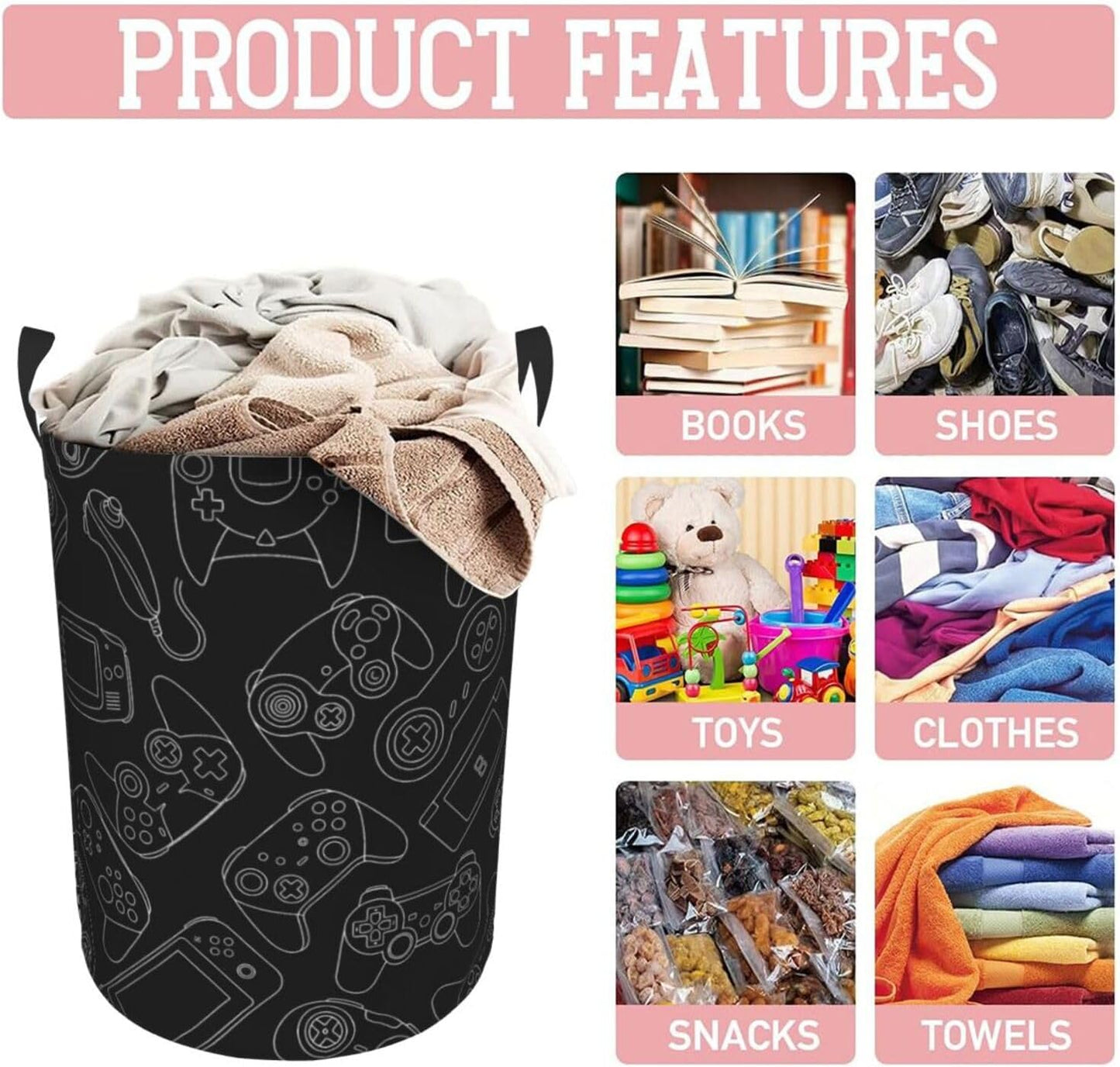 38L Round Laundry Hamper Video Game Controller Background Storage Basket Waterproof Coating Gaming Gadgets Organizer Bin For Nursery Clothes Toys BST202