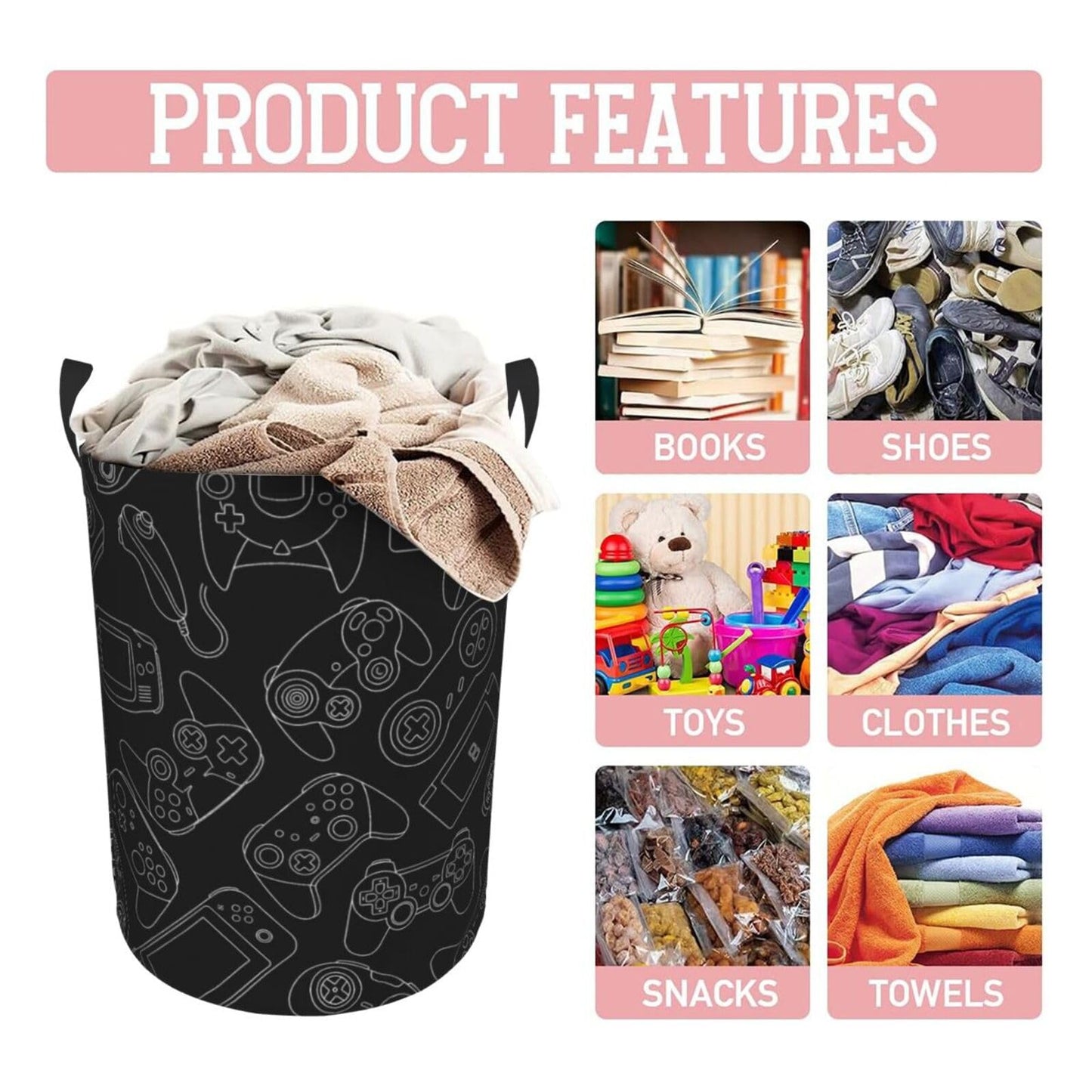 38L Round Laundry Hamper Video Game Controller Background Storage Basket Waterproof Coating Gaming Gadgets Organizer Bin For Nursery Clothes Toys BST202