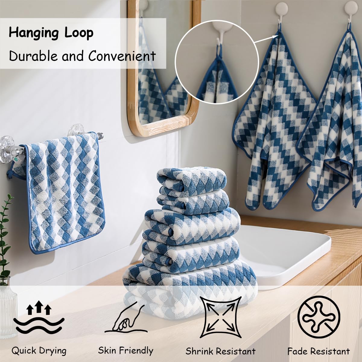 12 Pcs Light Gray Diamond Towel Set-4 Bath Towels,4 Hand Towels,4 Washcloths Soft Polyester Towels with Loop Absorbent Shower Towel Quick Dry Beach Chair Towel Family Towels for Bathroom Spa Gym Pool BST220