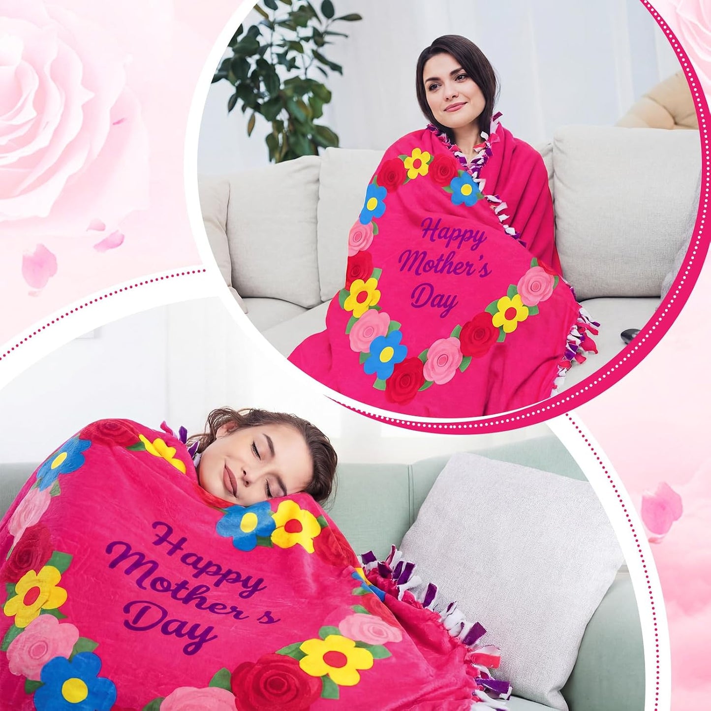Chumia 2 Pcs/1 Set Mother's Day DIY Tie Blankets Fleece Kit Mom No Sew Blanket Craft 57 x 57 Inch No Sew Fleece Fabric Tie Knot Throw Make Happy Mother's Day Best Mom Appreciation Gifts for Bed Couch BST202