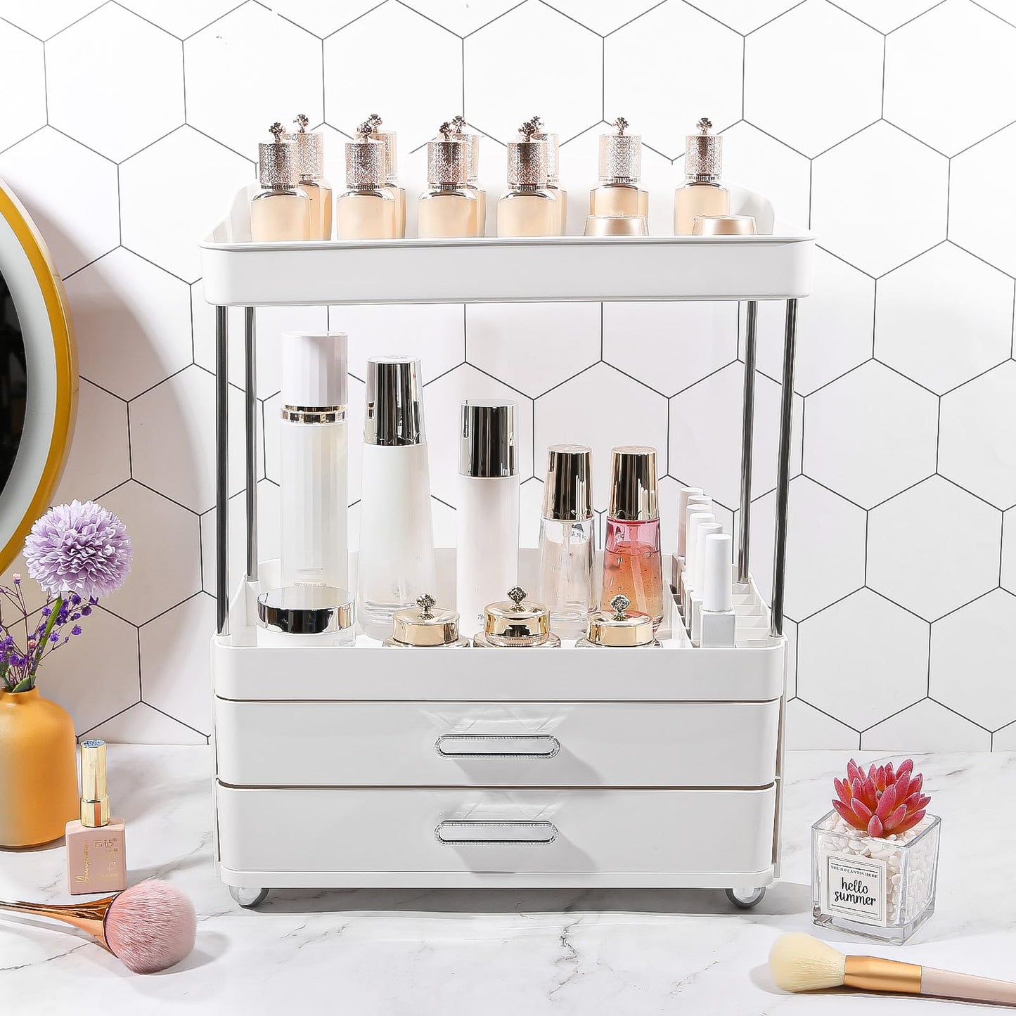 DASITON 4 Tiers Makeup Organizer, 2 Drawers Large Cosmetic Organizers for Vanity Bathroom Countertop, Bathroom Organizers and Storage for Skincare, Cosmetic, Perfume, Dresser Organizer (Cream+Clear) BST220