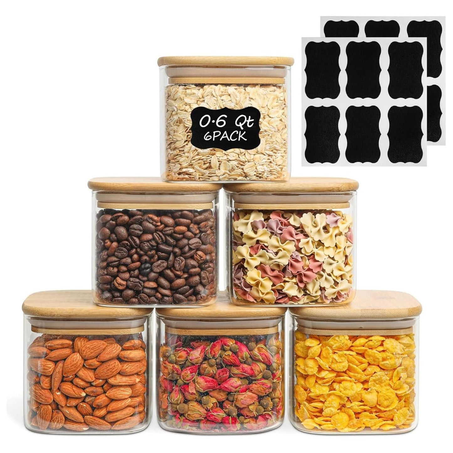 ComSaf 0.6 Qt Glass Food Storage Jars Set of 6, Clear Storage Containers with Airtight Lids, Pantry Organization Jar, Spice Jar, Blooming Tea, Coffee and Sugar Container, Canister Set for Kitchen BST220