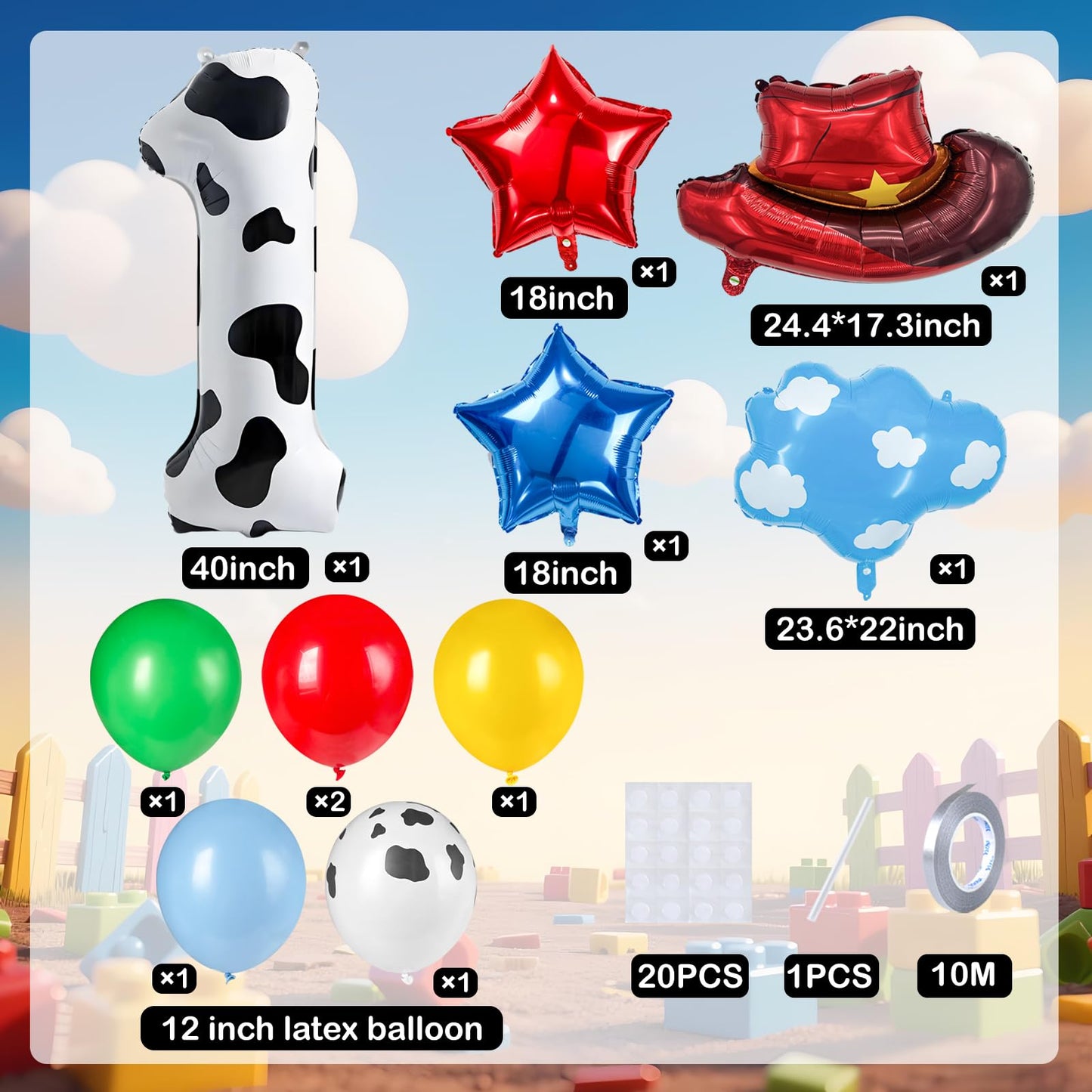11-Pack Cowboy Theme Balloon Set, Farm Theme Decorations, Balloons with Hats and Clouds, Boys and Girls Birthday Party Supplies (1) BST202