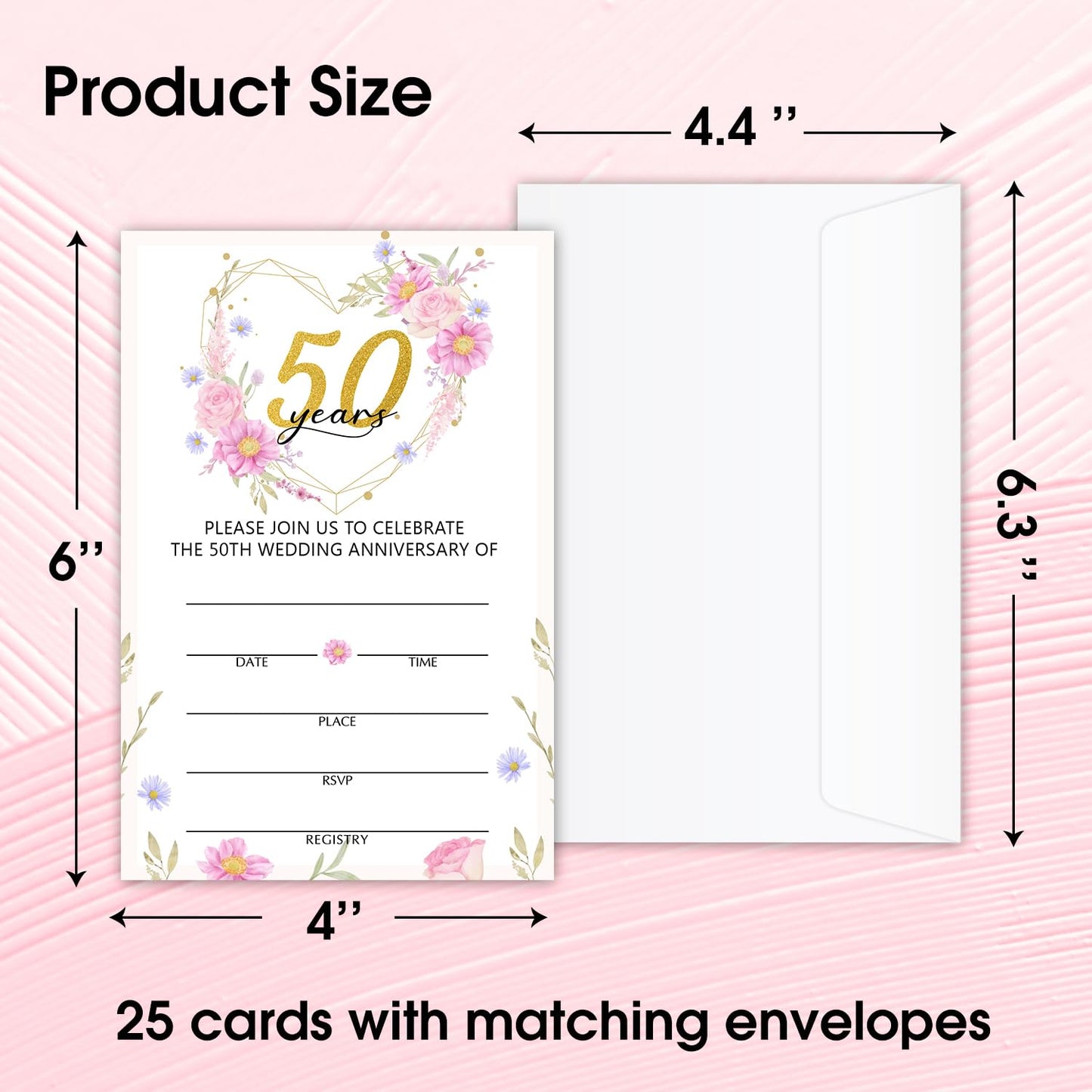 50 Years Anniversary Bridal Shower Invitations Cards, Set of 25 Gold Foil Floral Fill in Style 50th Year Wedding Invites Cards with Envelopes for Couples Marriage Party Supplies-T05 WN420