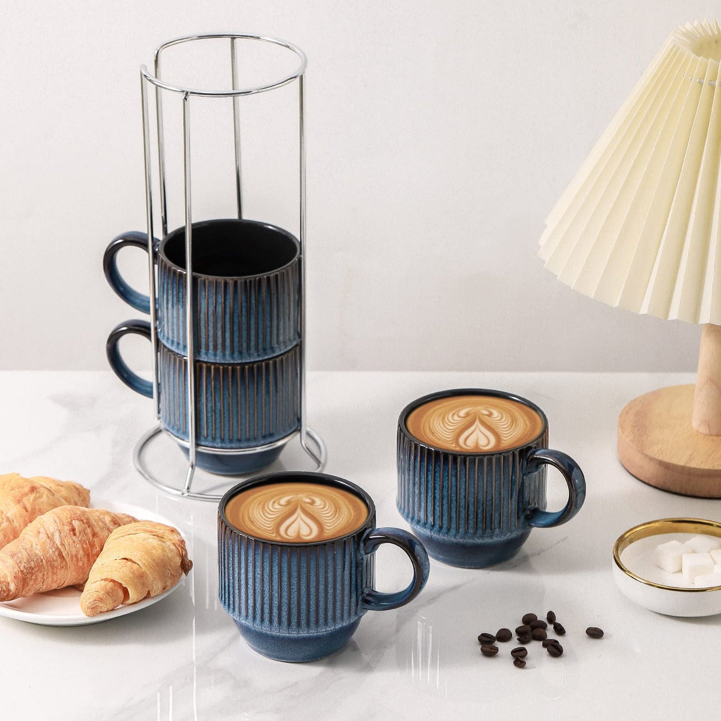 HASENSE 15 oz Ribbed Stackable Coffee Mug Set of 4, Porcelain Latte Cups with Metal Rack, Dishwasher & Microwave Safe, Cappuccino Tea Hot Cocoa, White BST220
