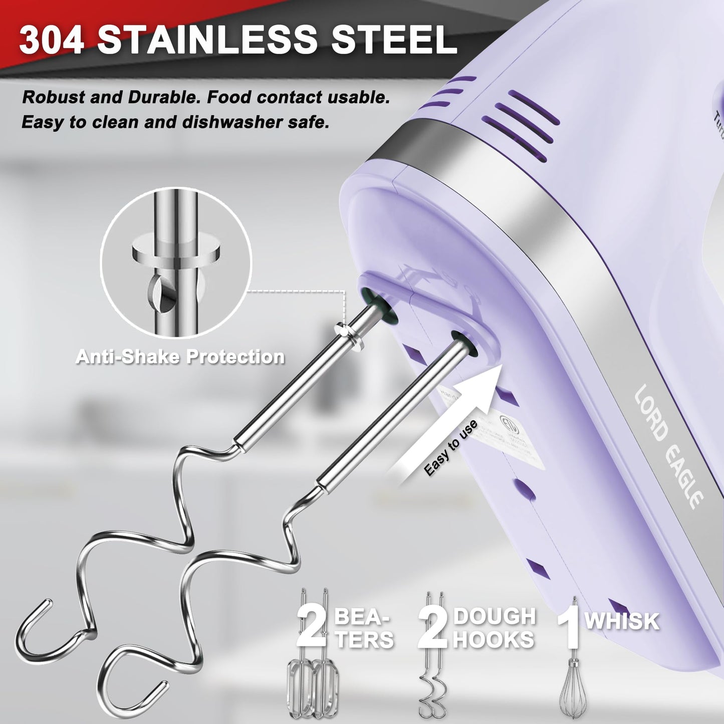 Lord Eagle Hand Mixer Electric Handheld 400W, 5-Speed Lightweight Kitchen Mixer with Storage Case, 5 Stainless Steel Attachments for Baking Cake Egg Cream Food Beater, Turbo+Eject Button, Pink
