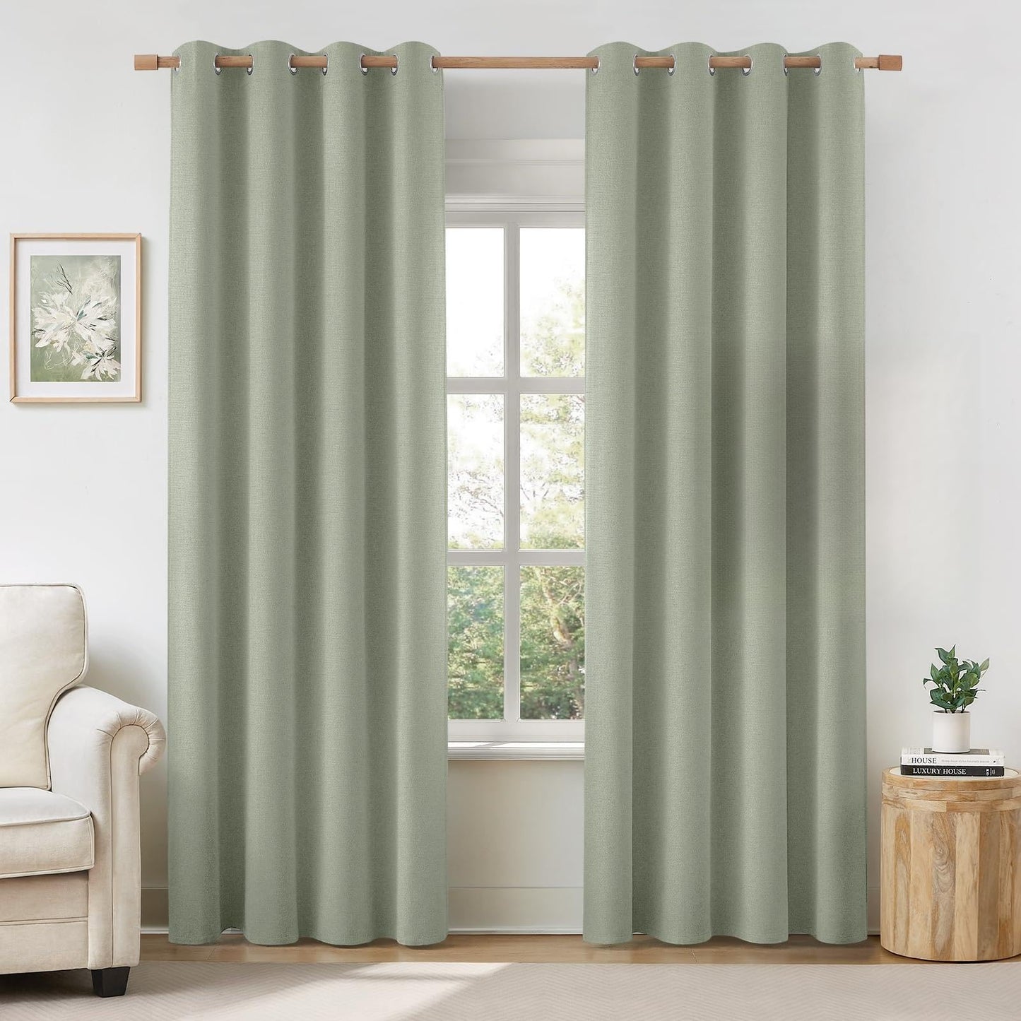 HOMEIDEAS 100% Ivory Cream Linen Blackout Curtains for Bedroom, 52 x 96 Inch Length 2 Panels Faux Linen Thermal Insulated Black Out Grommet Window Drapes for Living Room BST202