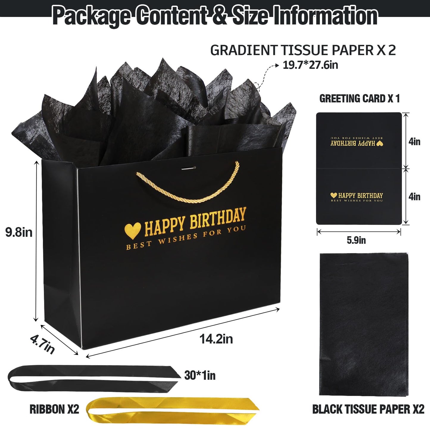 Kecorax Birthday Gift Bag for Women, 14" Large Birthday Bags Set for Girls with Tissue Paper, Card and Ribbons, Suitable for Birthday-themed Parties BST220
