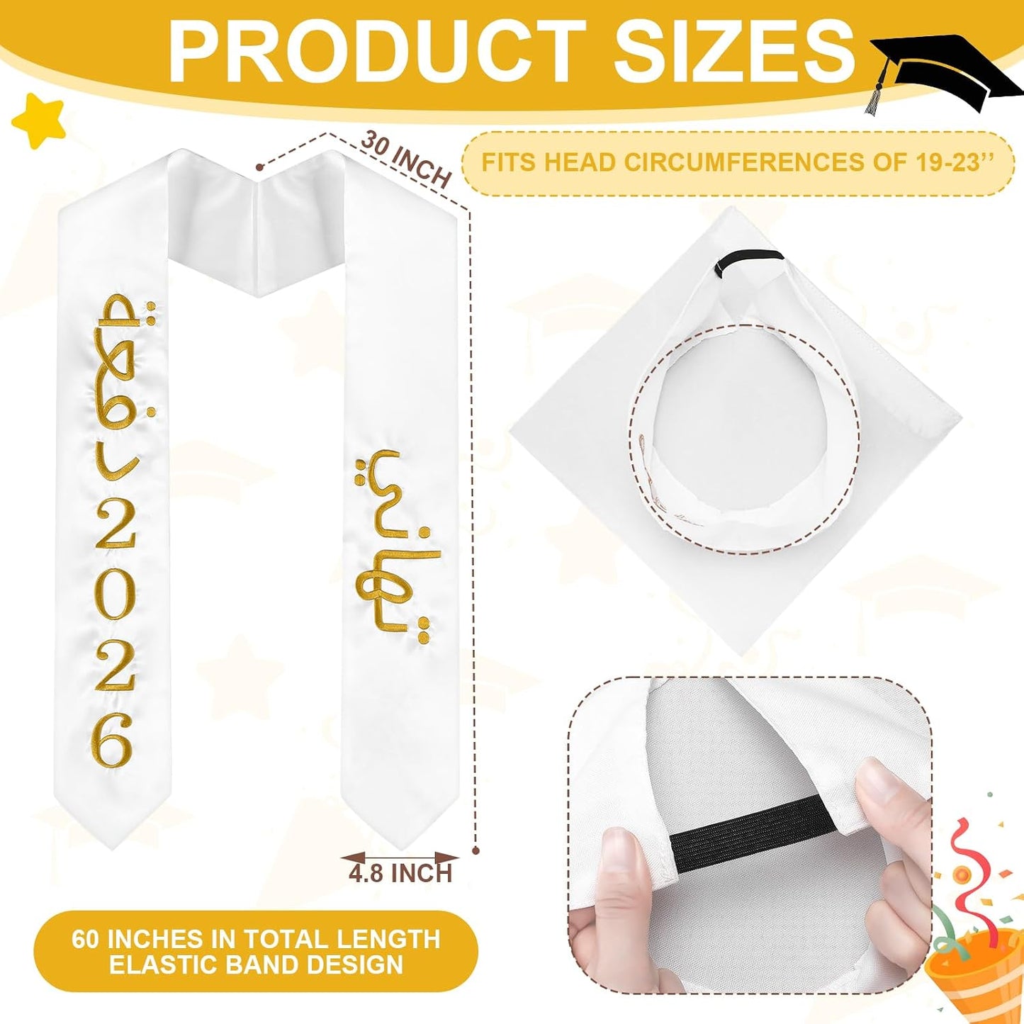 Dunzoom 2026 Arab Countries Graduation Cap and Stole Sash Set Saudi Arabia United Arab Emirates Egypt Embroidery Grad Hat Sash with Charm Tassel Class of 2026 for America International Student WN420