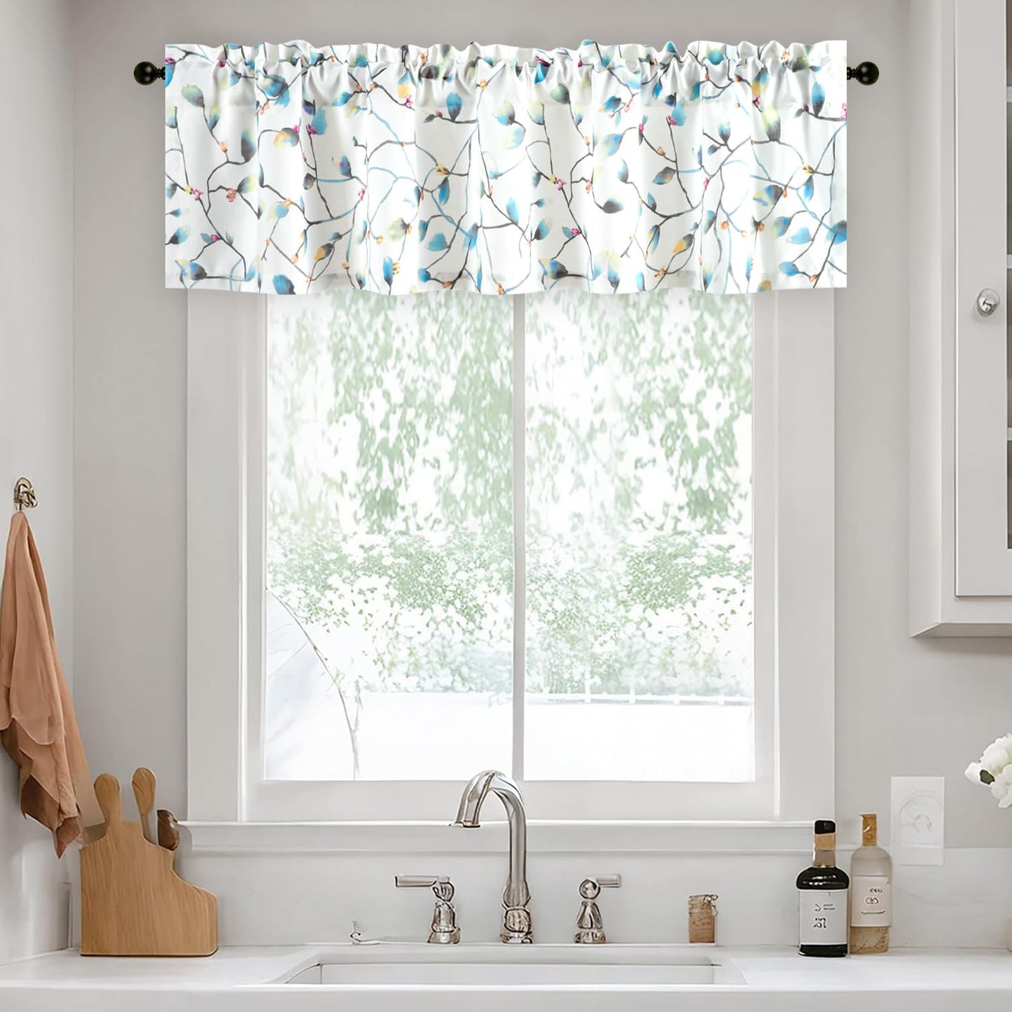 Leeva Farmhouse Kitchen Valances for Windows, Watercolor Blossoming Floral Print Curtains, Soft Faux Linen Curtain Toppers and Valances for Bedroom, 60 x 14 Inch, Brown & Grey, 1 Panel BST220