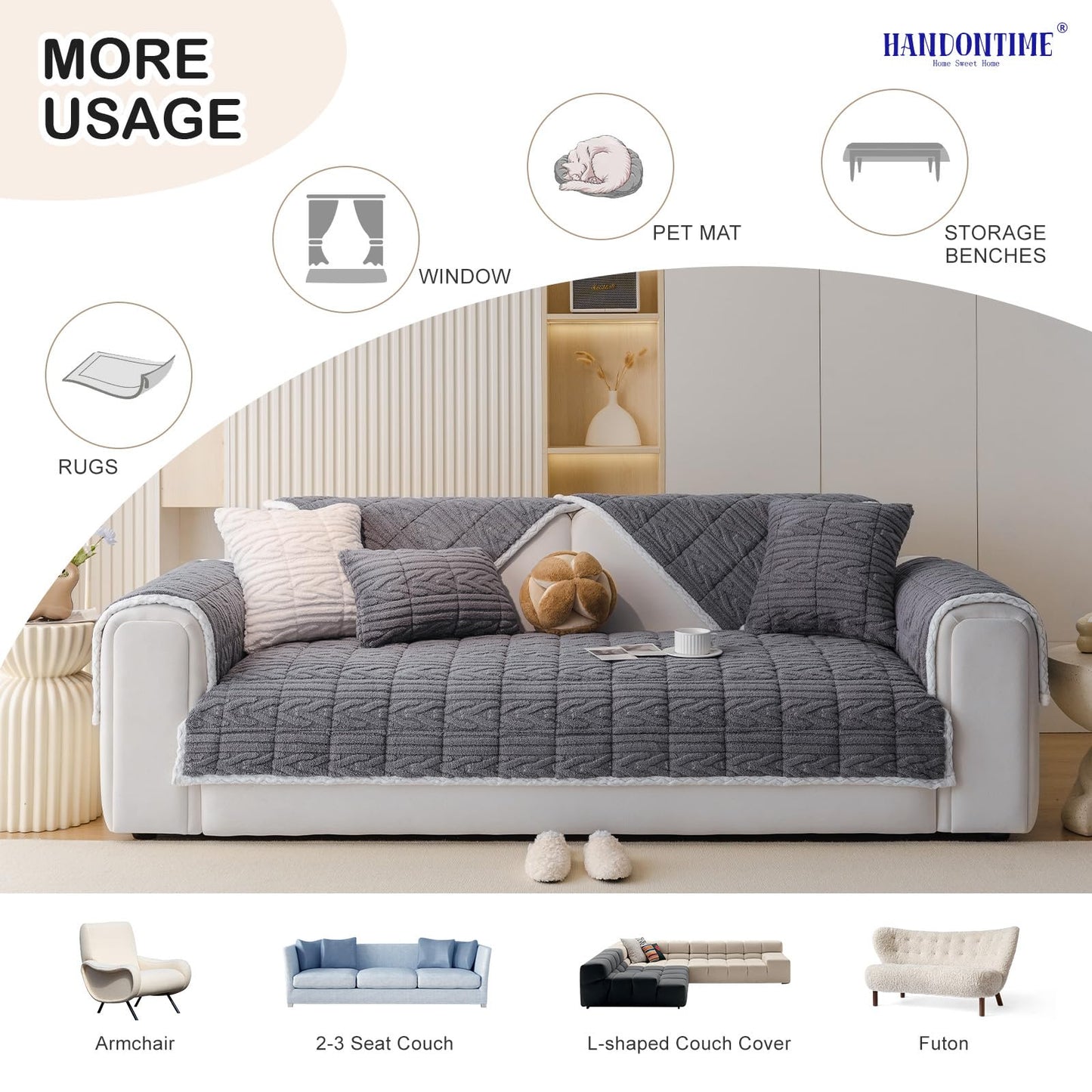 HANDONTIME Fuzzy Dog Couch Cover Washable, Pet-Friendly Sofa Covers Non-Slip Geometric Jacquard Pet Protector Furniture Cover for 3 Cushion Sofa Cozy Fuzzy Dog Mat for Couch (Grey, 35.4" x 70.9") BST202