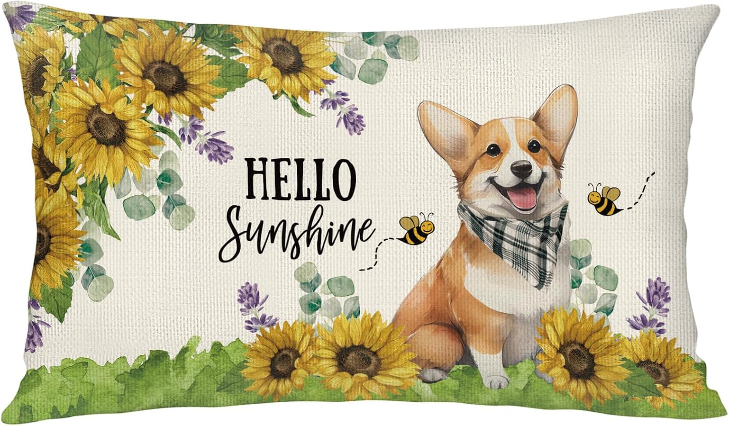 Sunflower Corgi Dog Lumbar Throw Pillow Cover 12x20 Inch Summer Cushion Case Decoration for Sofa Couch BST202