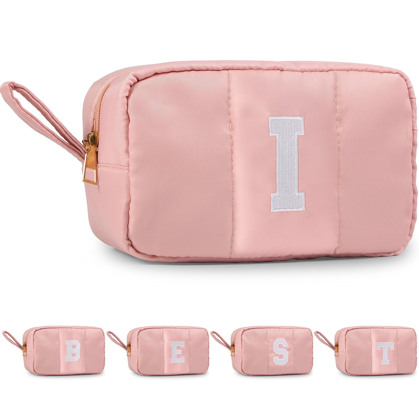 Puffy Makeup Bag for Women,Initial Cosmetic Bag,Cute Travel Toiletry Bag,Puffer Make Up Organizer Bags with Compartments,Personalized Gifts for Girlfriend Bridesmaid Teacher Graduation (Khaki gray, E) BST202