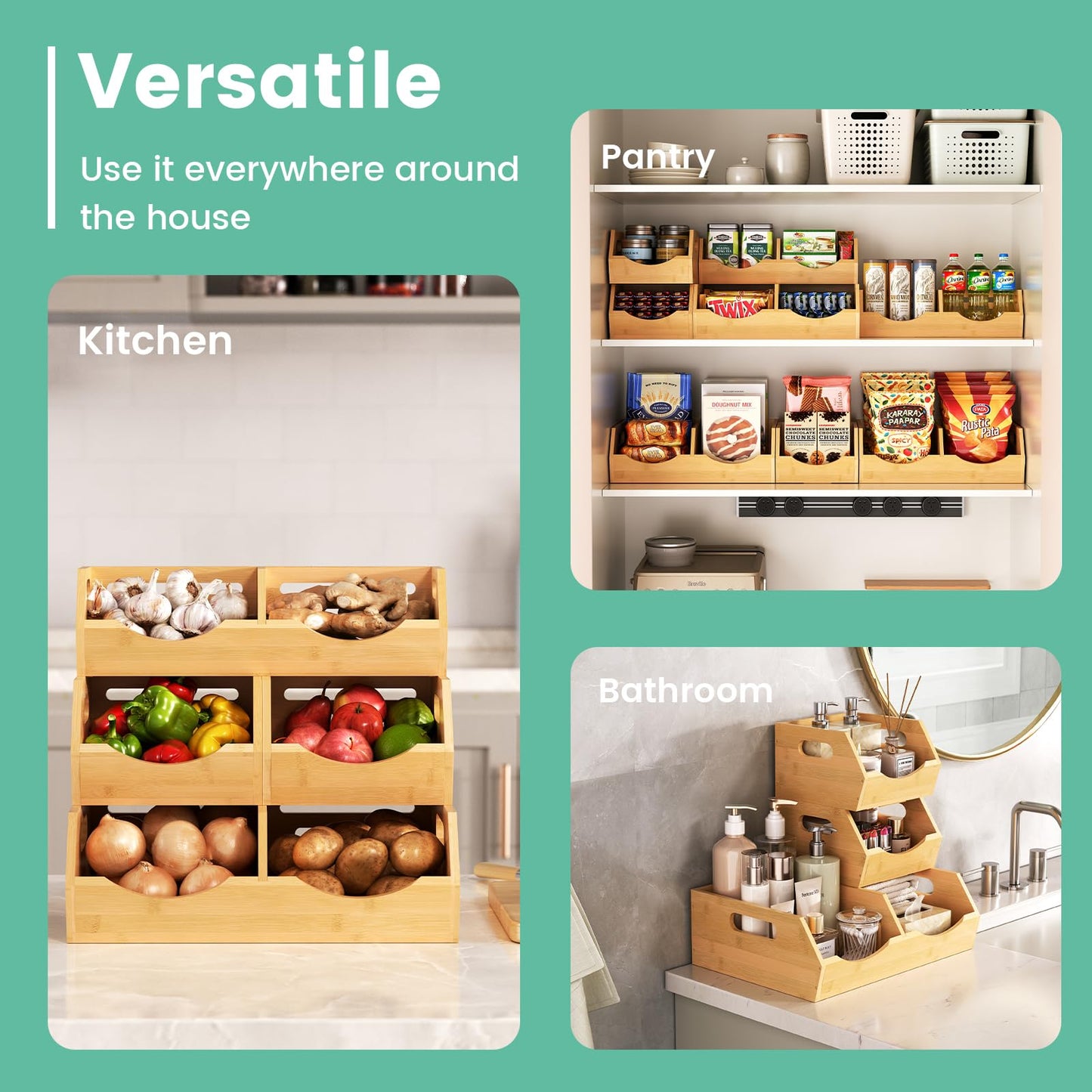 Onion Storage Bins Potato, 3 Tier Bamboo Pantry Storage Bin Stackable Ventilated Kitchen Organizer N3233