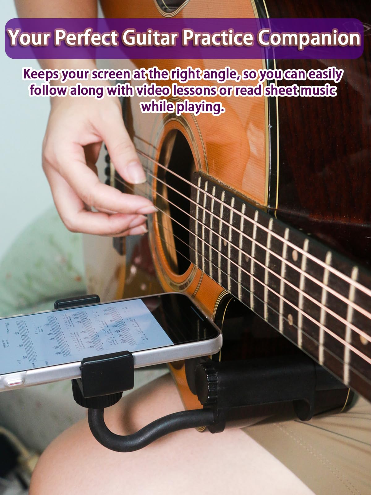 Guitar Phone Holder, Digital Sheet Music holder, Phone Clip Mount Fit for 6-10cm Thick Guitars& Ukulele, Practical Guitar Accessories for Watching Tutorials & Tabs While Playing, Easy Setup WN420
