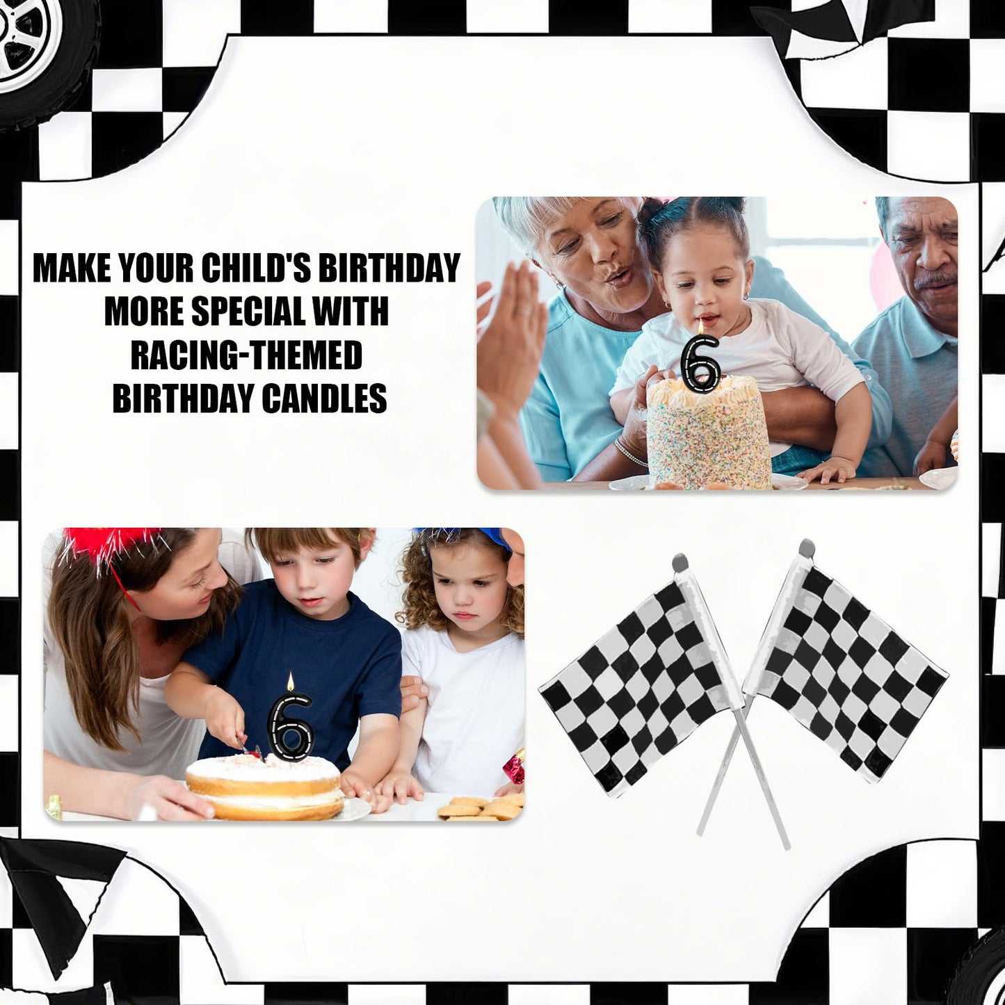 Birthday Number Candles, Black White Numeral Birthday Candles Racing Cars Themed Cake Decoration Cake Topper for Bday Anniversary Wedding (Number 2) BST326L