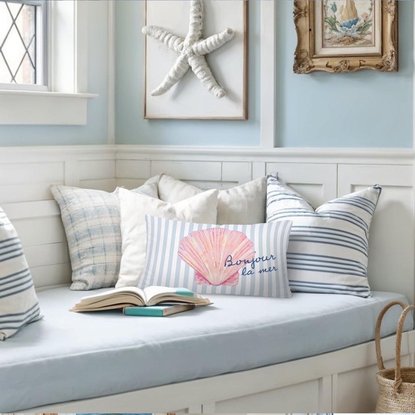 Coastal Beach Girly Room Decor 12x20 Pillow Cover, Preppy Beach Navy Blue Bikini Striped Decorative Lumbar Pillow Covers for Girls Bedroom College Dorm Sofa Couch BST326L