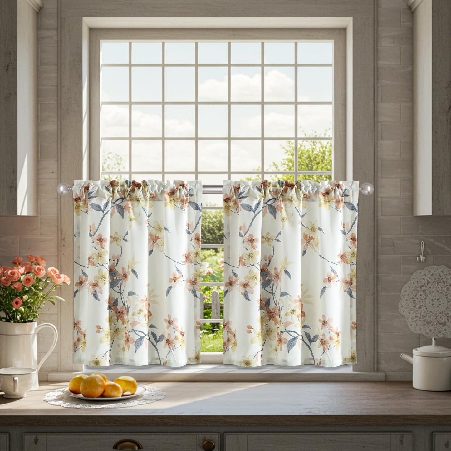 Leeva Farmhouse Kitchen Valances for Windows, Watercolor Blossoming Floral Print Curtains, Soft Faux Linen Curtain Toppers and Valances for Bedroom, 60 x 14 Inch, Brown & Grey, 1 Panel BST220