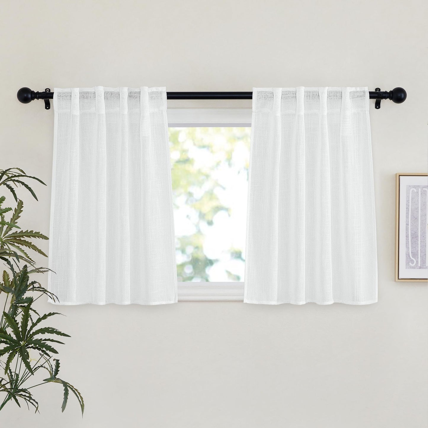 NICETOWN White Semi Sheer Kitchen Curtains 30 inch Length, Rod Pocket & Back Tab Faux Linen Blend Privacy with Light Filtering Window Drapes for Cafe, W34 x L30, 2 Panels BST220