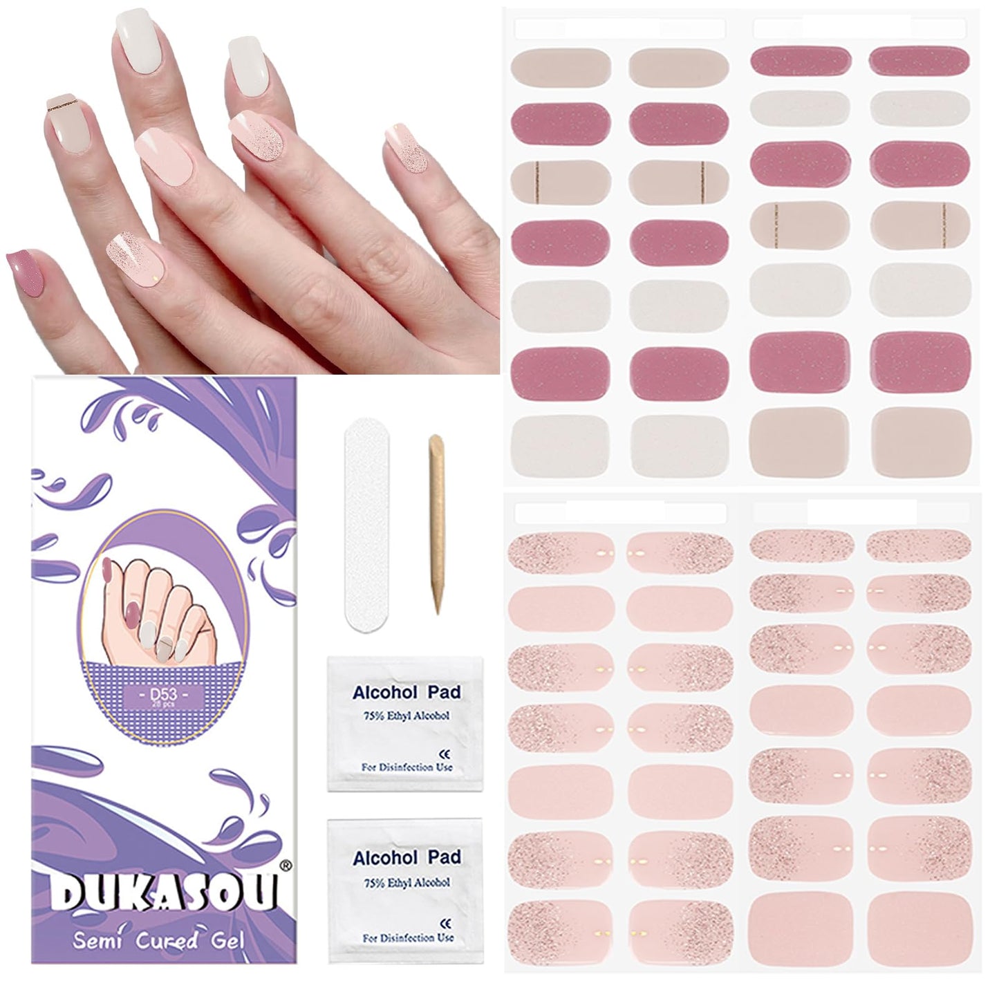Semi Cured Gel Nail Strips, 56Pcs Nail Art Stickers/Wraps, Long Lasting UV Nail Polish Strips for Adults (Silver Rhinestones+French Tip Glitter) BST220
