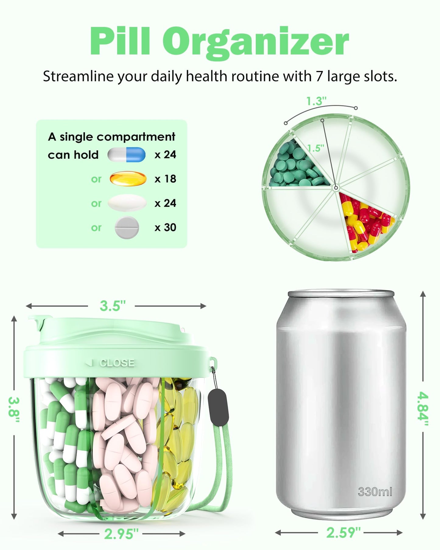 Cute Pill Organizer,Pill Dispenser with 7 Large Compartments,Portable Pill Bottle Box with Wide Opening for Easy Use, Anti-Mix Pills Organizer for Travel,Includes 20 Pcs Sticky Labels(Black) WN420