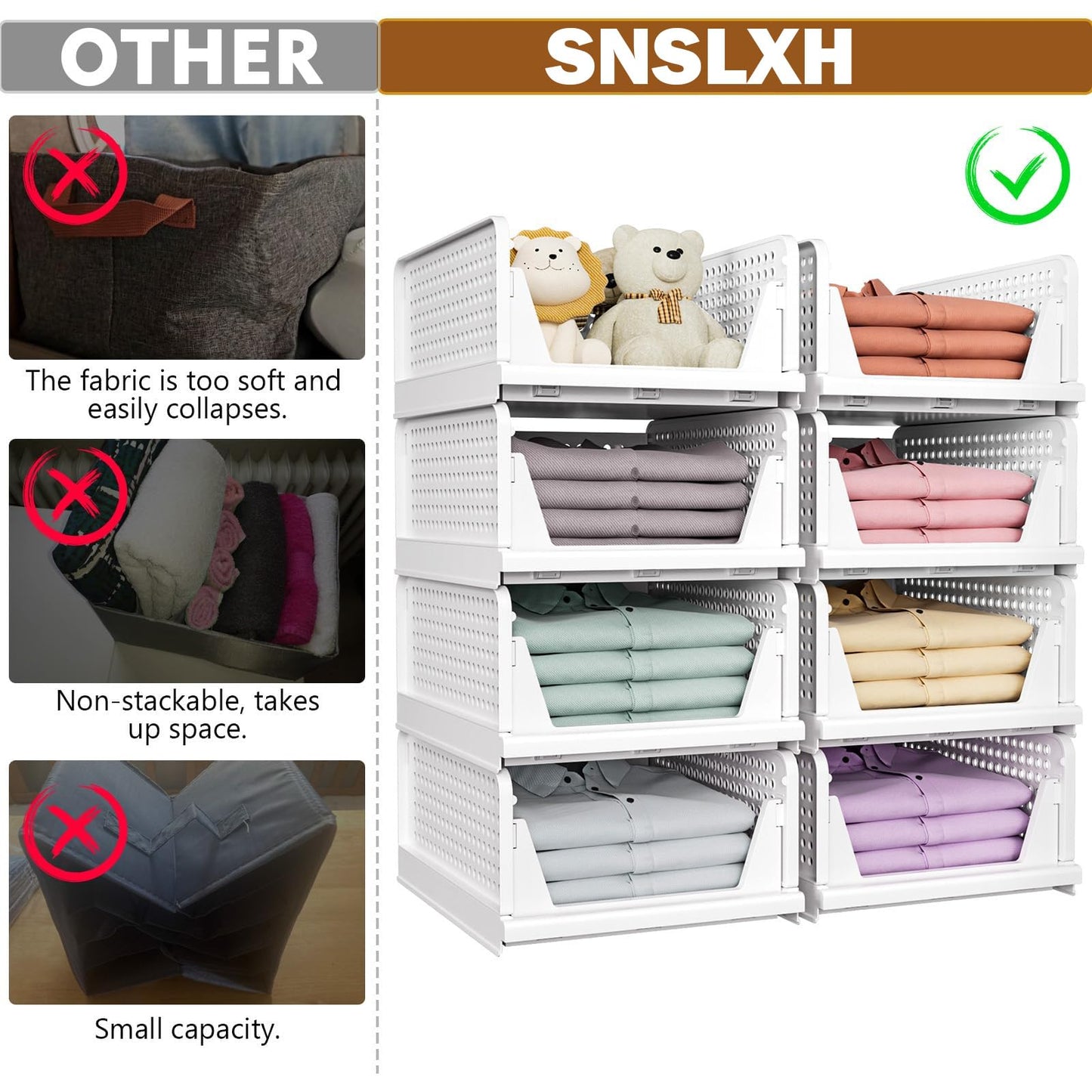 SNSLXH 5 Pack Stackable Closet Storage Basket, Multifunctional & Foldable Closet Organizer N28