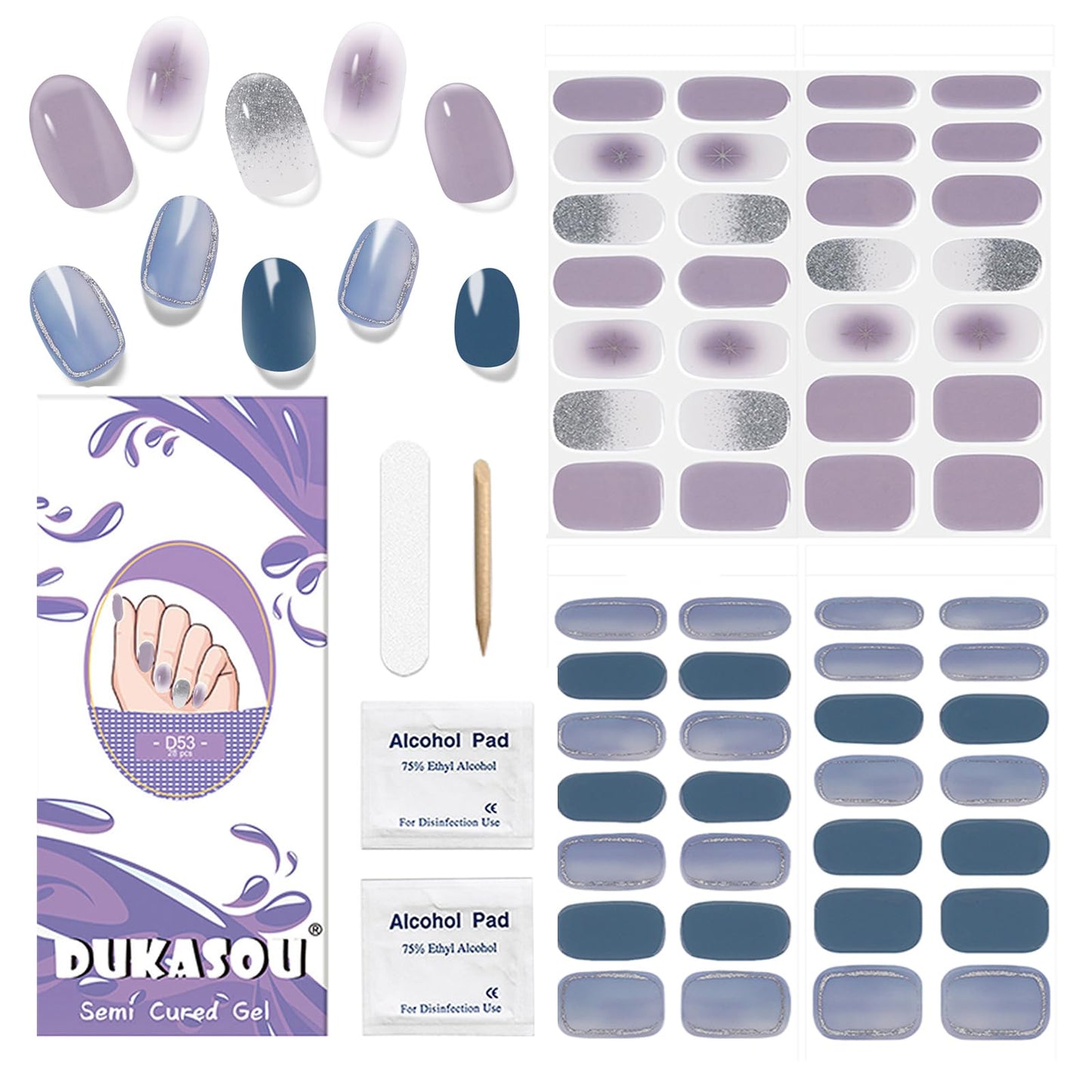 Semi Cured Gel Nail Strips, 56Pcs Nail Art Stickers/Wraps, Long Lasting UV Nail Polish Strips for Adults (Silver Rhinestones+French Tip Glitter) BST220