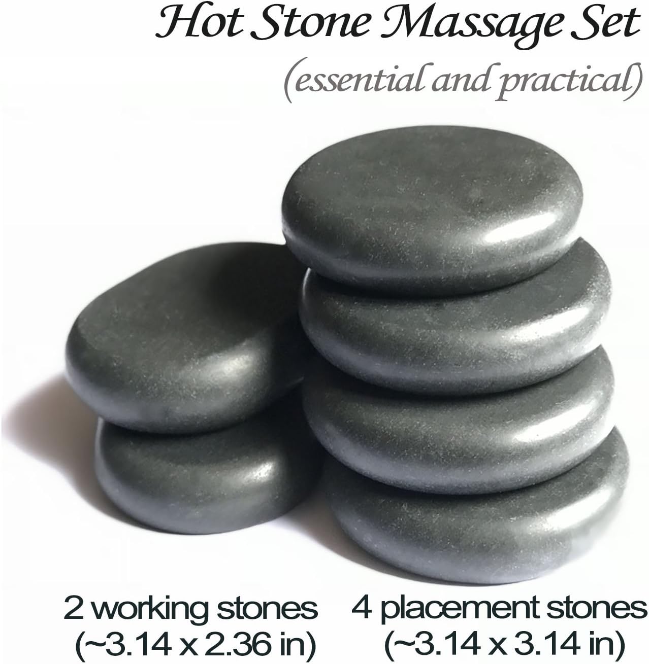 Hot Stones - 6 Large Essential Massage Stones Set (3.15in) for Professional or Home spa, Relaxing, Healing, Pain Relief