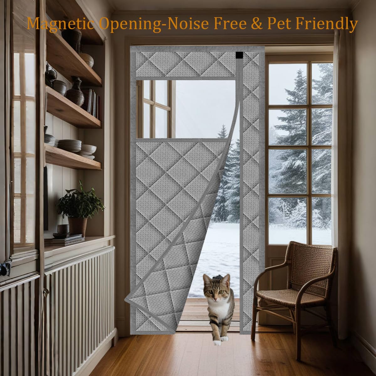 Thermal Door Curtain Fits Doors Size 38"x80"，Curtain Size 41"x82", Magnetic Insulated Curtain Side Open Keep Warm in Winter Cool in Summer,Diamond Pattern,Gray WN420