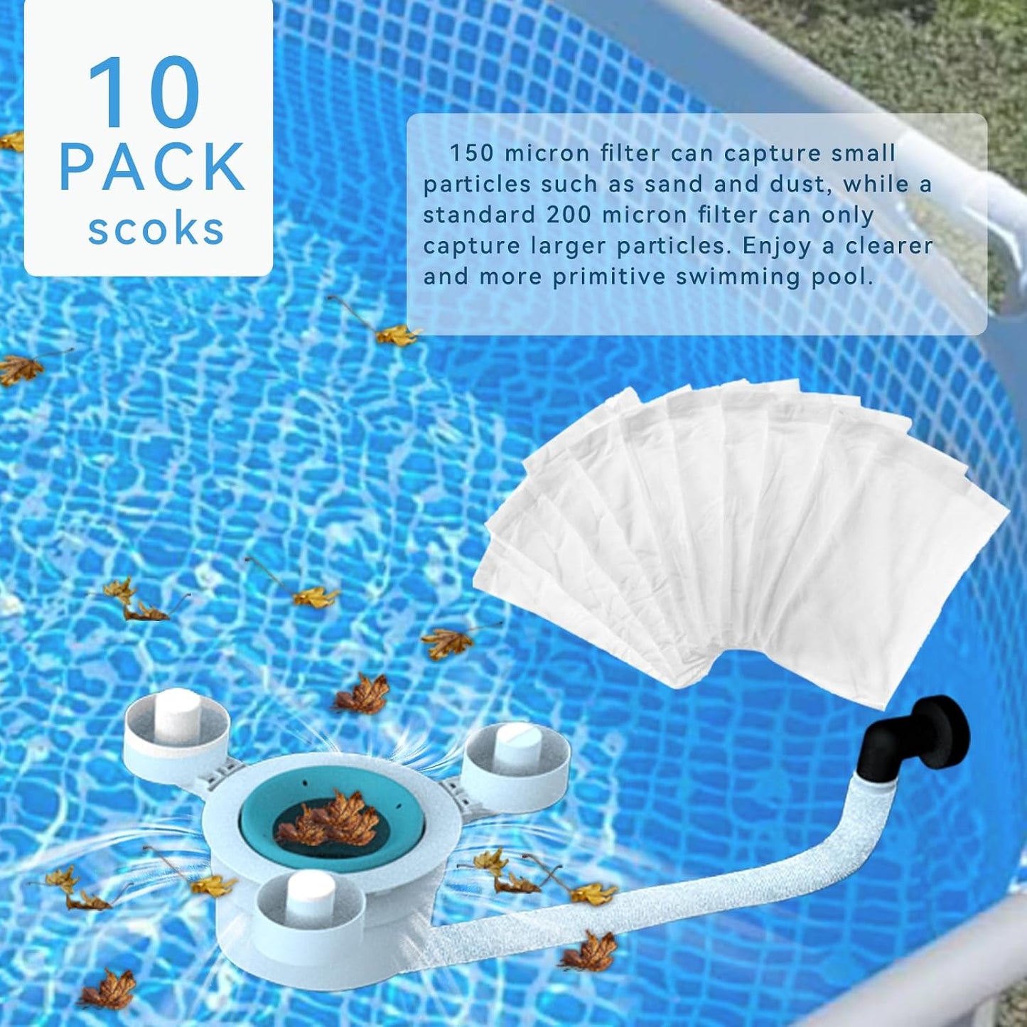 Surface Float Skimmer,No Installation Required, no Adjustable Bracket Required,Comes with 10 Filter Socks, Special Note: Skimmer Rate not exceeding 1100 GPH(Turquoise) WN420