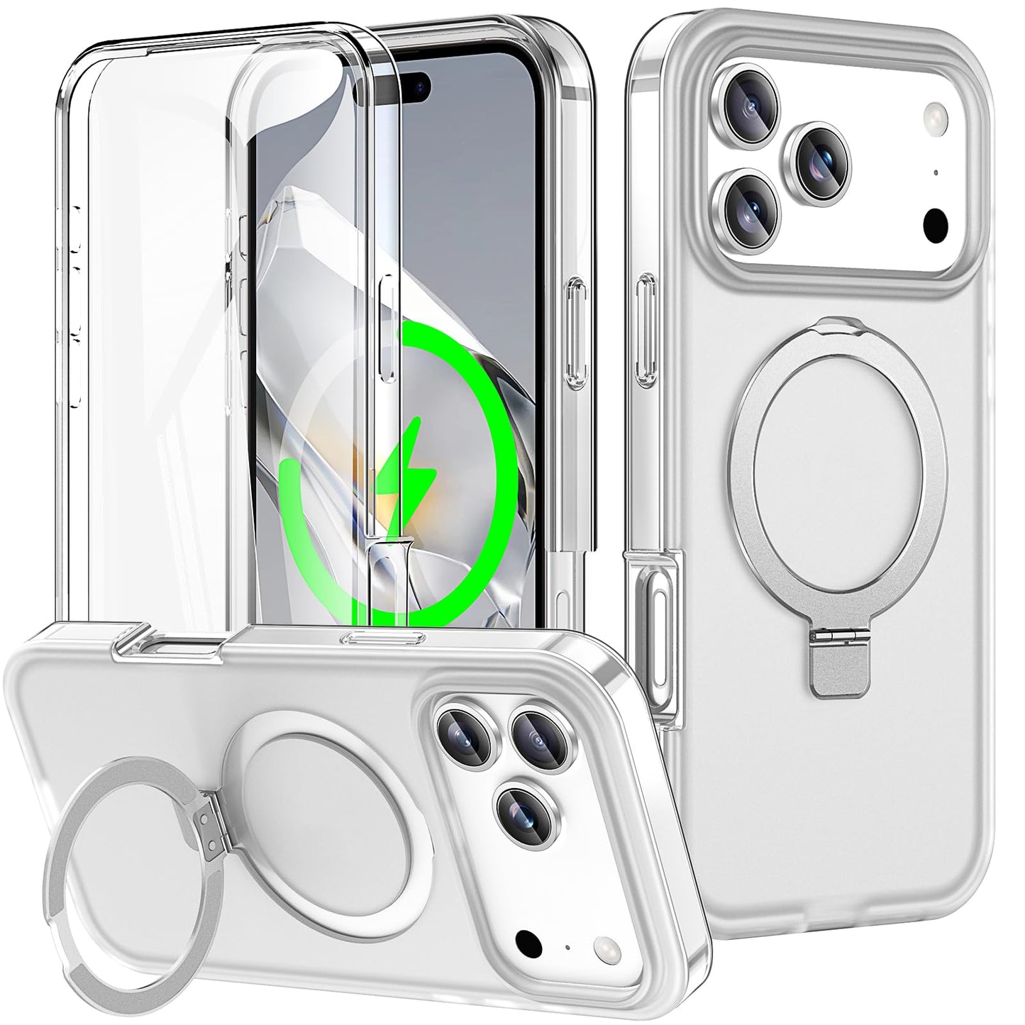 for iPhone 13 Pro Full Body Shockproof Case with Magnetic Invisible Stand [Compatible with MagSafe] Built-in Screen Protector Military Drop ProtectionTranslucent Phone Cover -Hot Pink WN420
