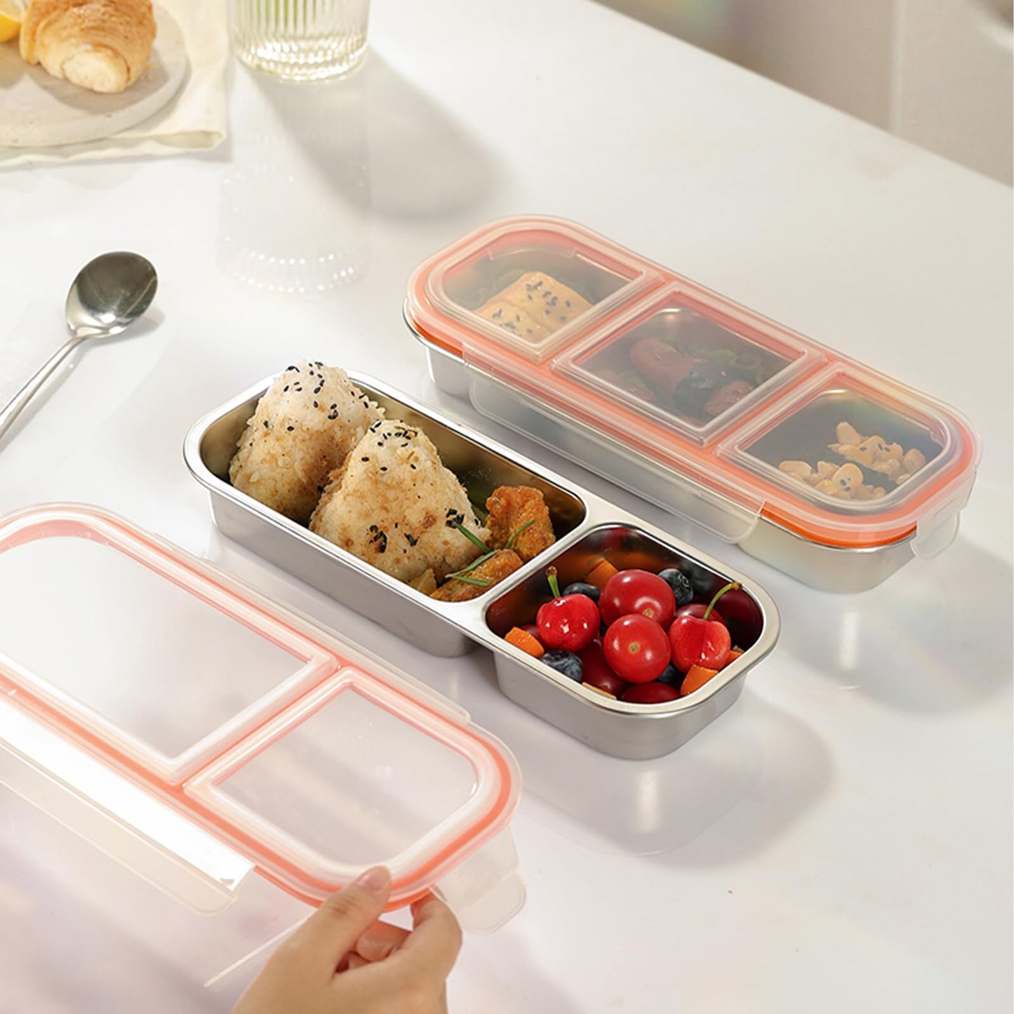 Reusable Stainless Steel Snack Containers with Lids – 10.3" x 4" 3 Compartment Snackle Box, Leak-Proof Metal Snack Containers for Kids & Adults, Divided Food Storage Box (2 Compartment 2 Pack) BST220