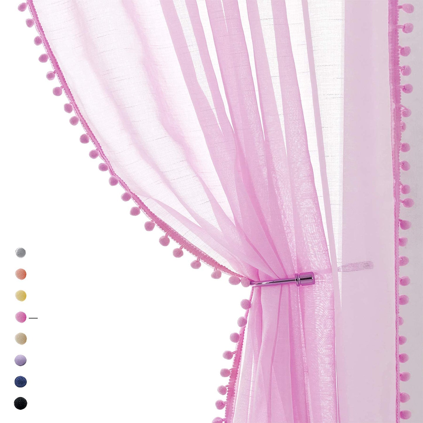 Treatmentex Pom-Pom Grey Sheer Curtains for Bedroom 63" Window Drapes Rod Pocket Textured Sheer Curtain for Kids Room 52" w 2 Panels BST202