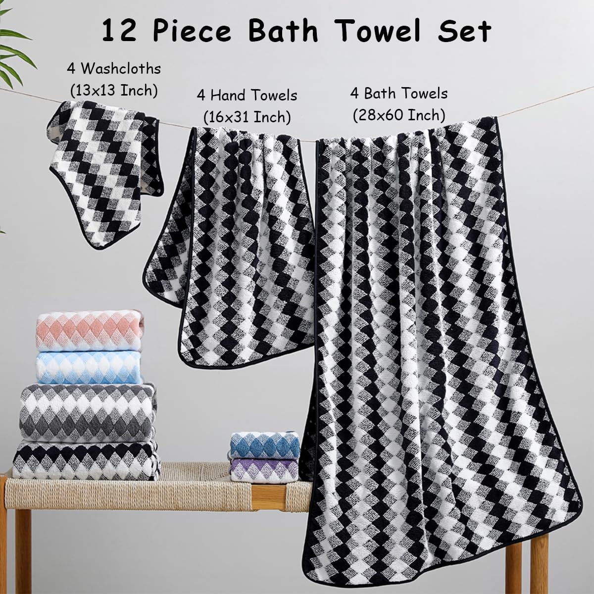12 Pcs Light Gray Diamond Towel Set-4 Bath Towels,4 Hand Towels,4 Washcloths Soft Polyester Towels with Loop Absorbent Shower Towel Quick Dry Beach Chair Towel Family Towels for Bathroom Spa Gym Pool BST220