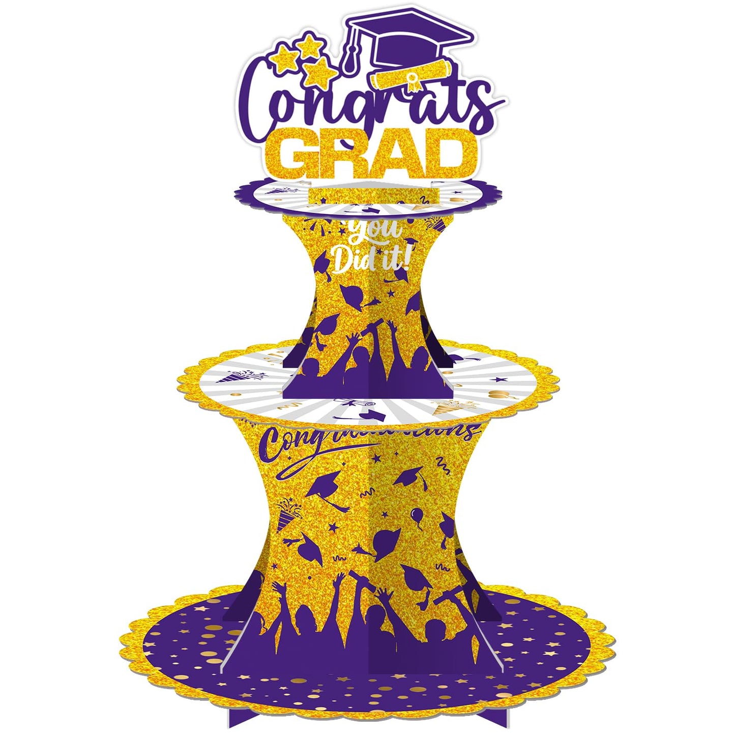 Graduation Cupcake Stand Decoration, 3 Tier Congrats Grad Party Cupcake Holder Tower, Cardboard Grad Theme Dessert Cookies Stand for Graduation Party Supplies Favors (Black & Gold) BST220