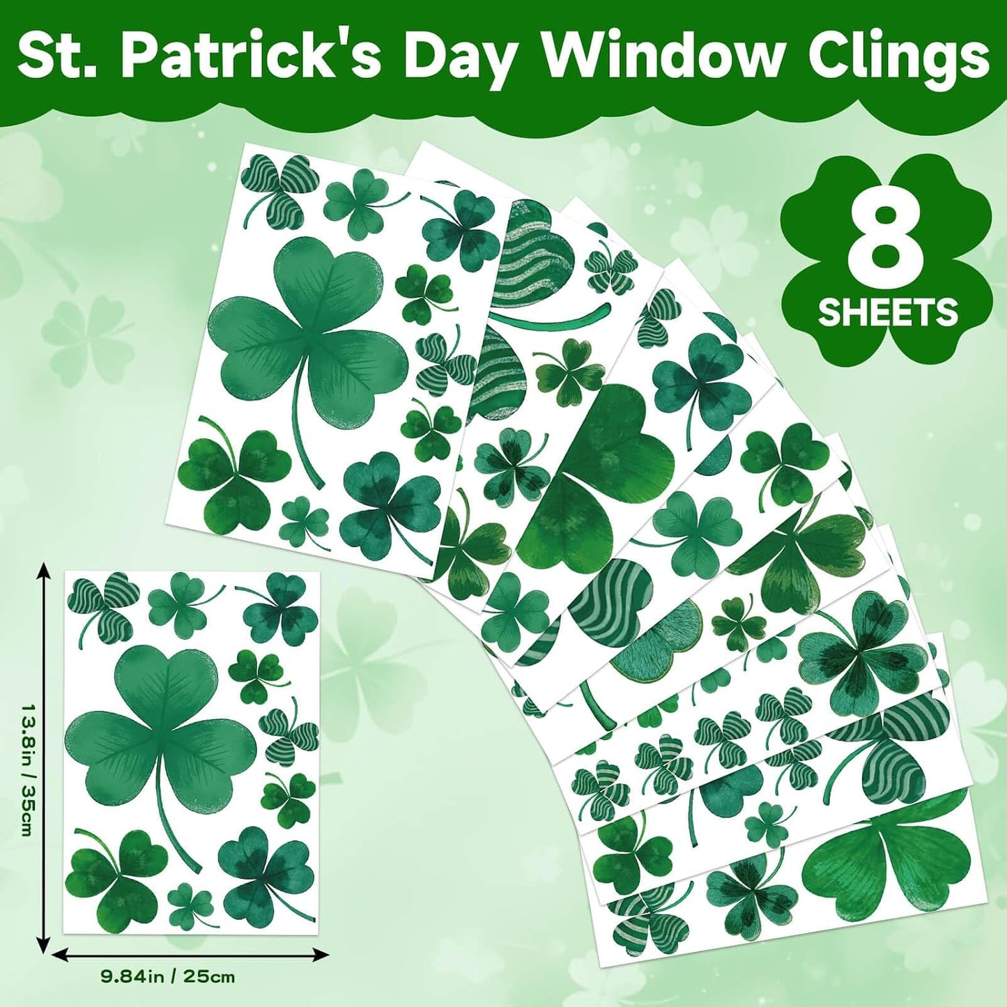 Unique Shamrock Design - St. Patrick's Day Window Clings, 8 Sheets Window Decals Decorations for Home, Office, Classroom, Indoor Spring Stickers Decor BST326L