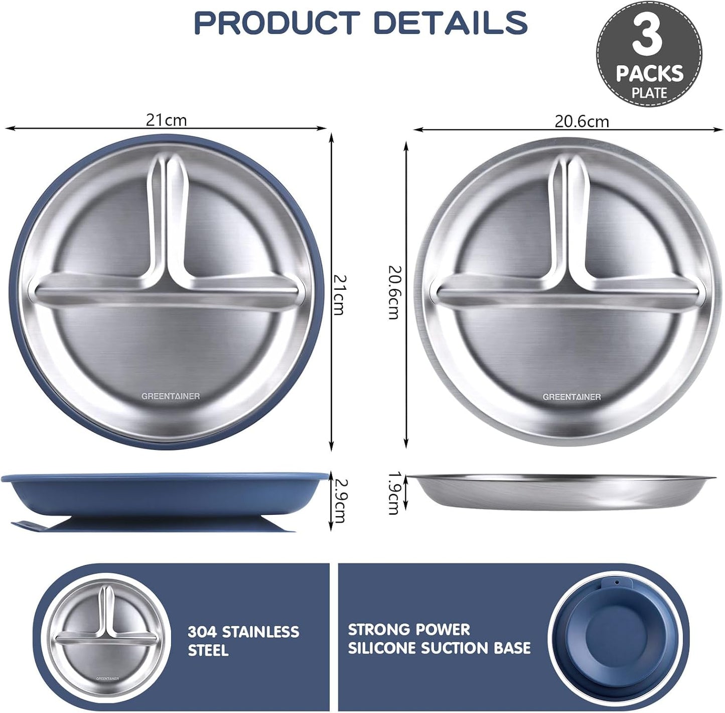 Greentainer 3 Pack Stainless Steel Baby Plates with Suction, Divided Toddler Plates with Removable Silicone Sleeves, Unbreakable Kids Dishes for Dinner & Snack, Non-Toxic, Dishwasher Safe BST326H