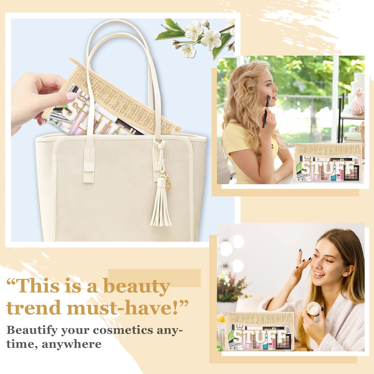 Boho Clear Makeup Bag Cosmetic Zipper Pouch Purse, Clear Toiletry Bags Travel Small Preppy Cute DIY Chenille Letter Bag, Transparent PVC Waterproof Clutch Make Up Organizer Storage Bag for Women Girls BST220